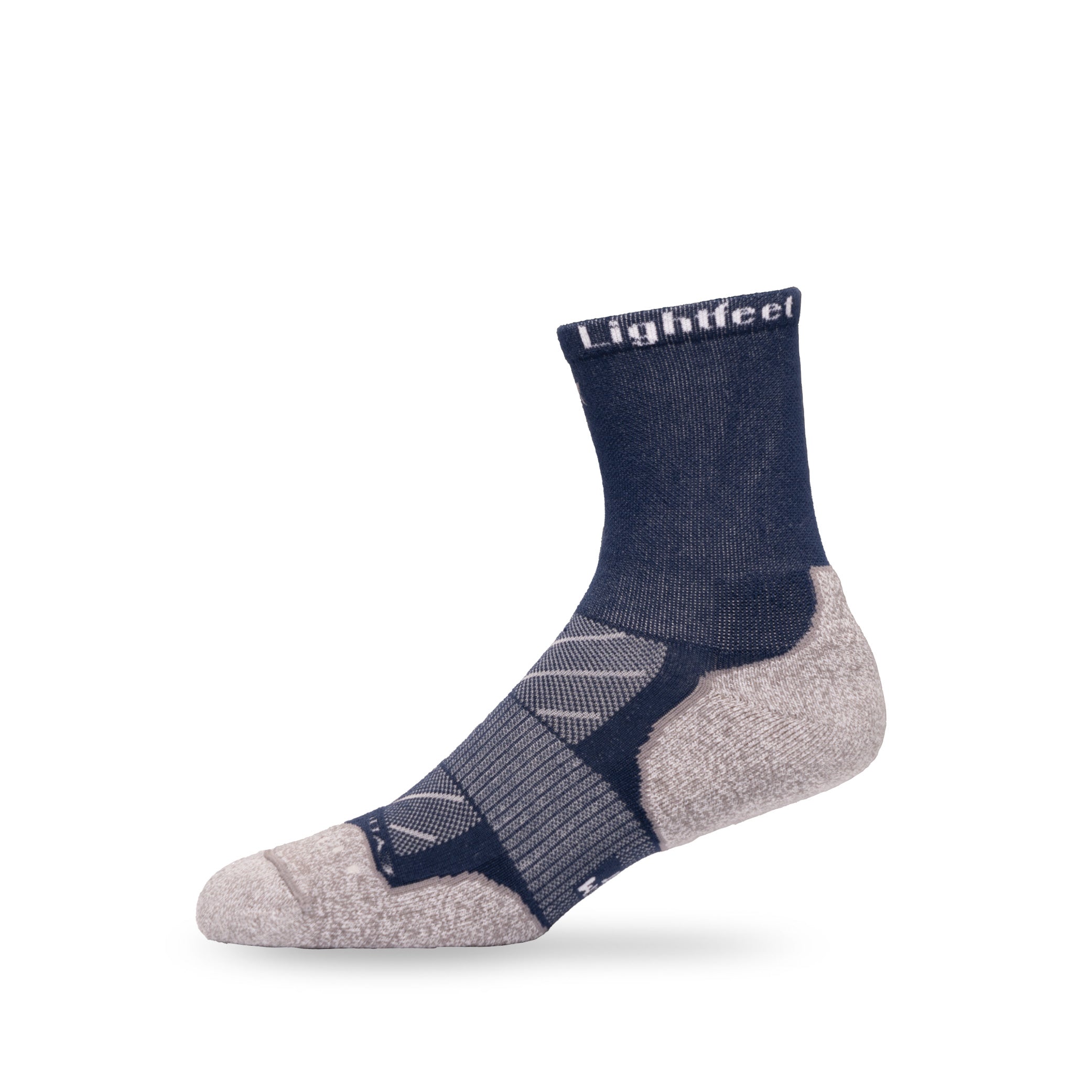 Side view of Lightfeet Evolution Trail Navy Half Crew Performance Running Sock