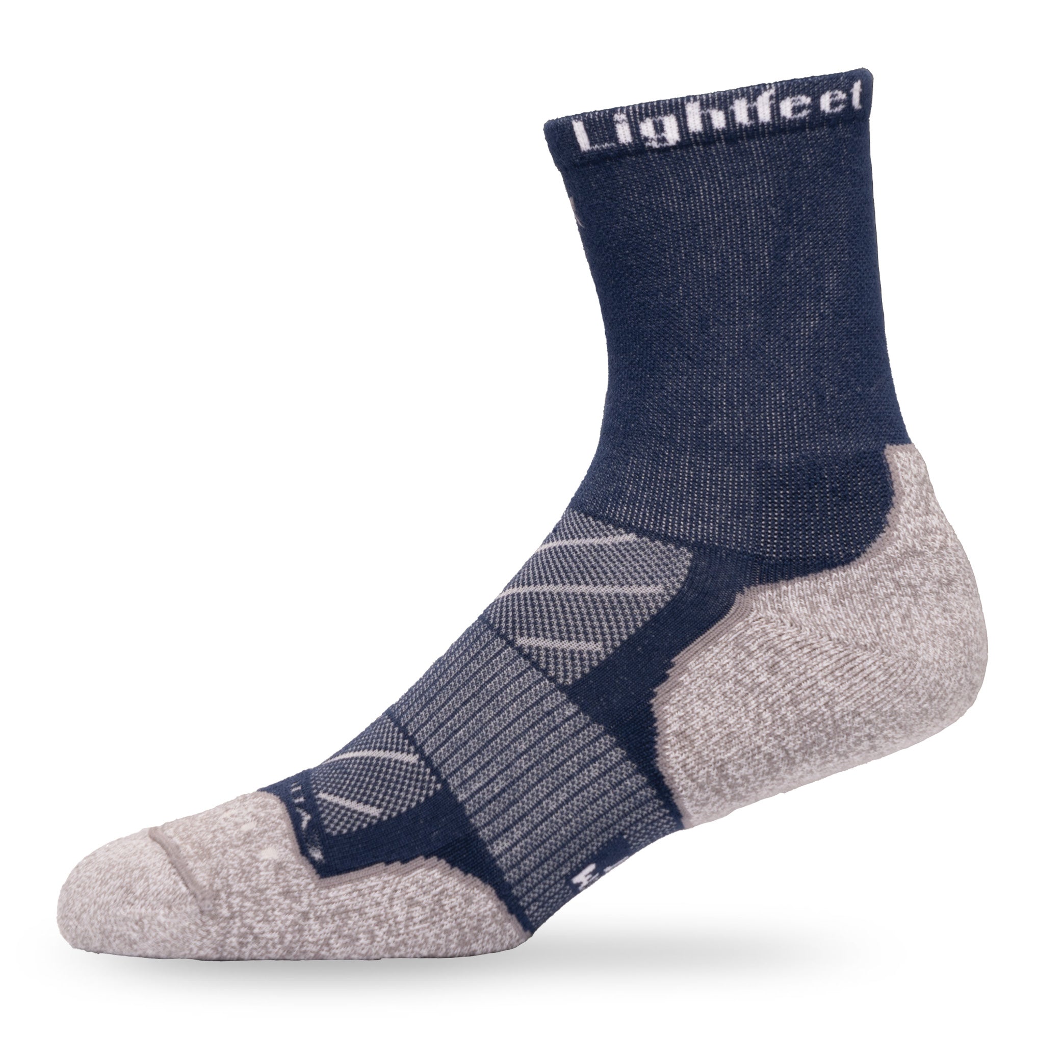 Side view of Lightfeet Evolution Trail Navy Half Crew Performance Running Sock