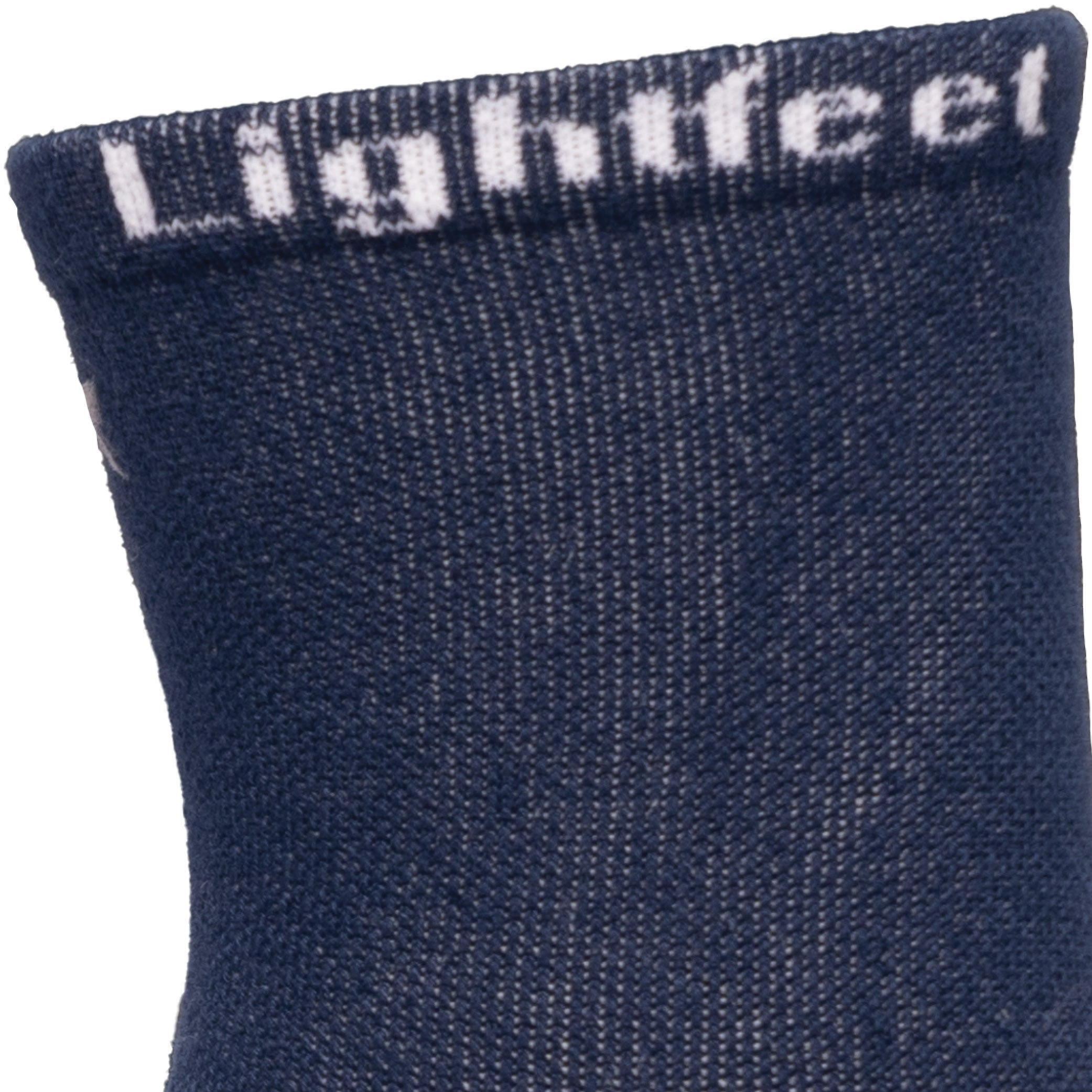 Close up view of Lightfeet branding on cuff on Lightfeet Trail Navy Half Crew Performance Running Sock
