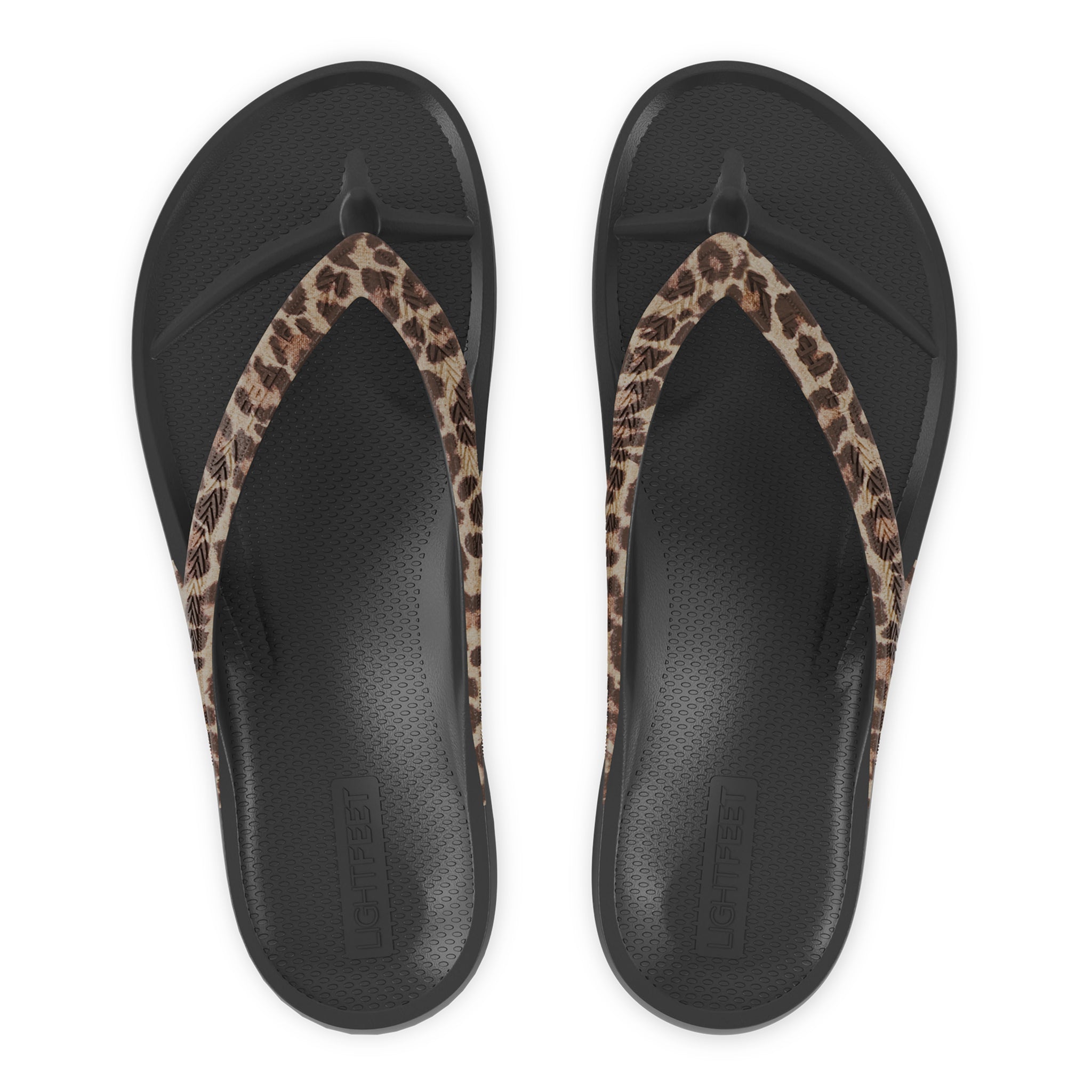 Top view of black leopard print Lightfeet Arch Support Thongs