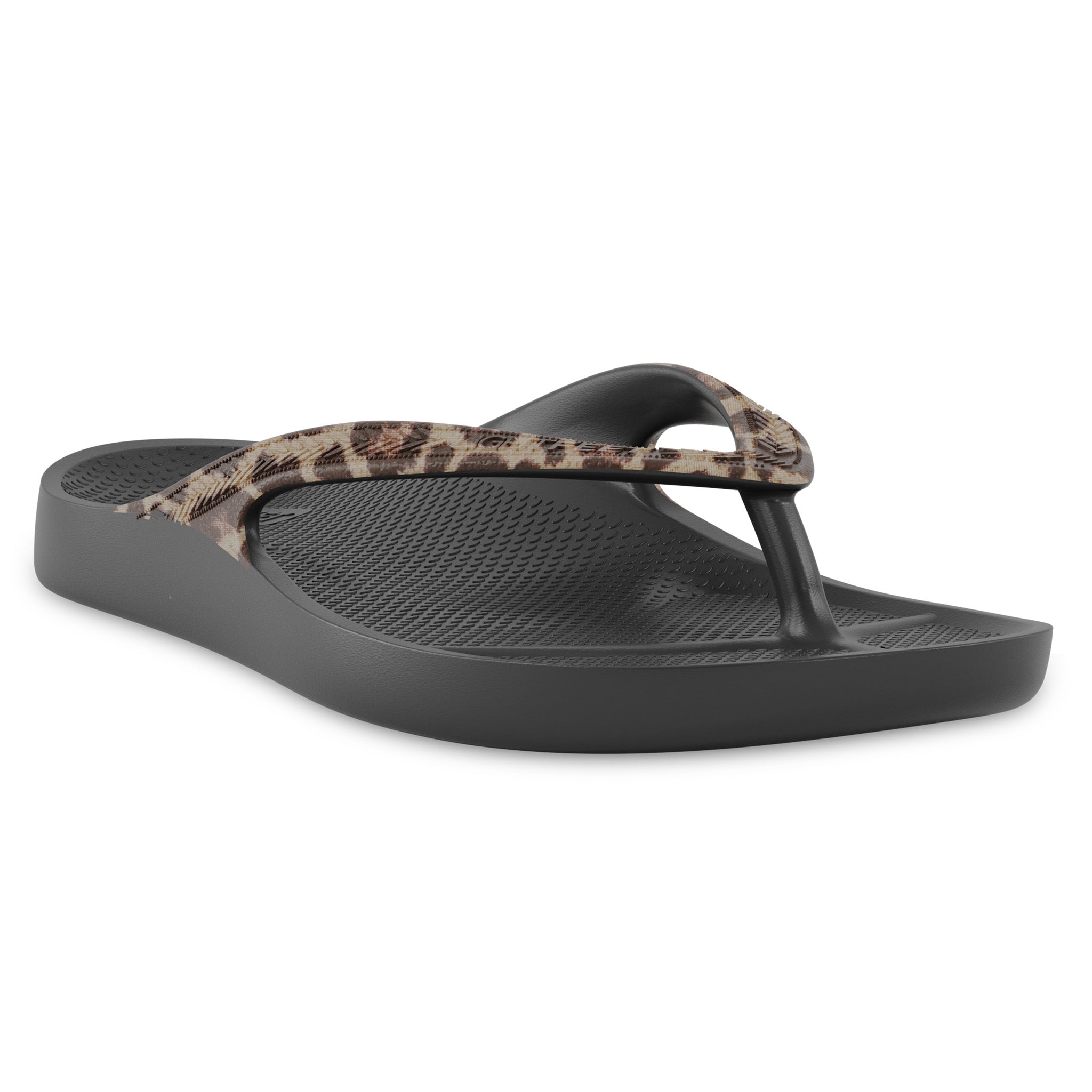 Angle view of black leopard print Lightfeet Arch Support Thong