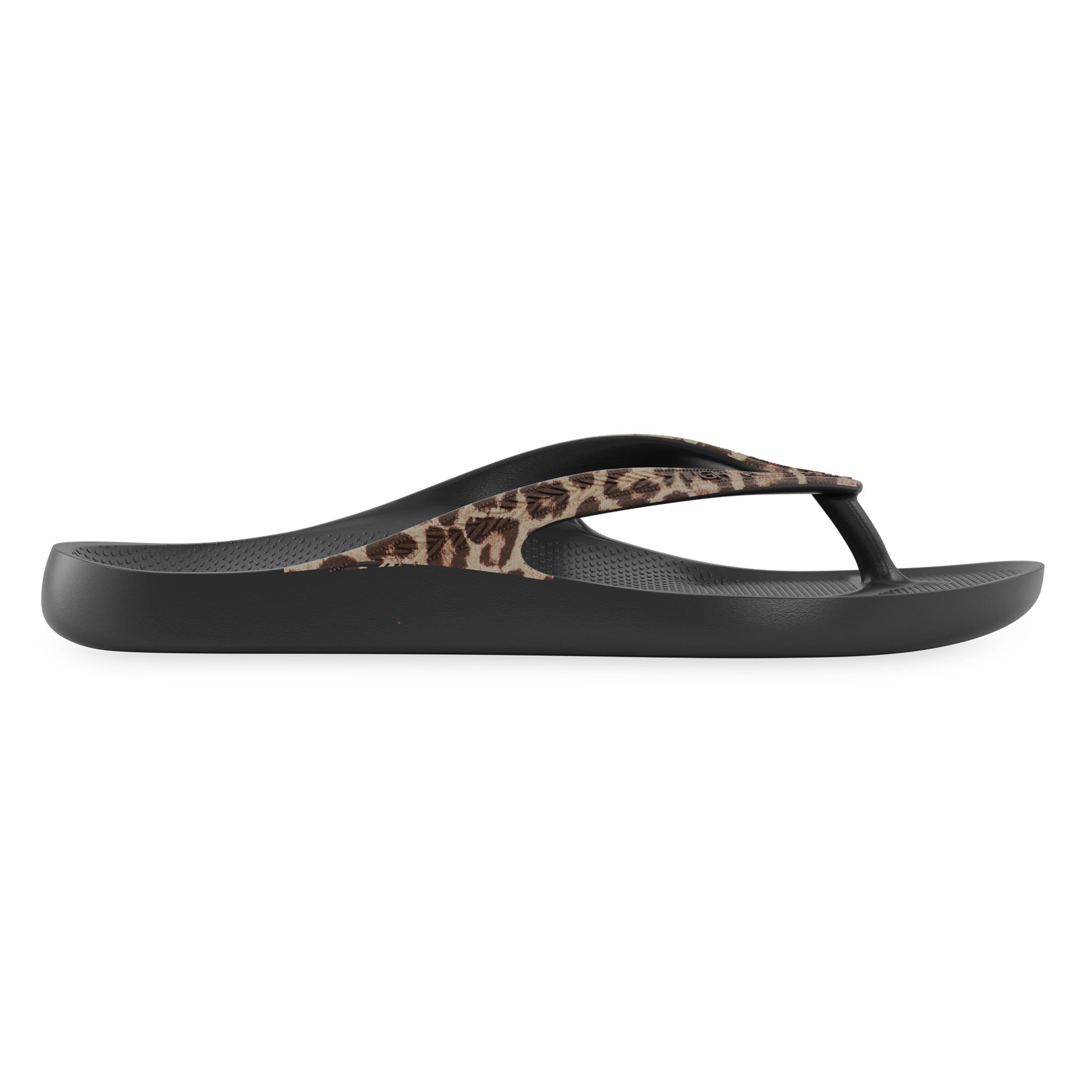 Side view of black leopard print Lightfeet Arch Support Thong