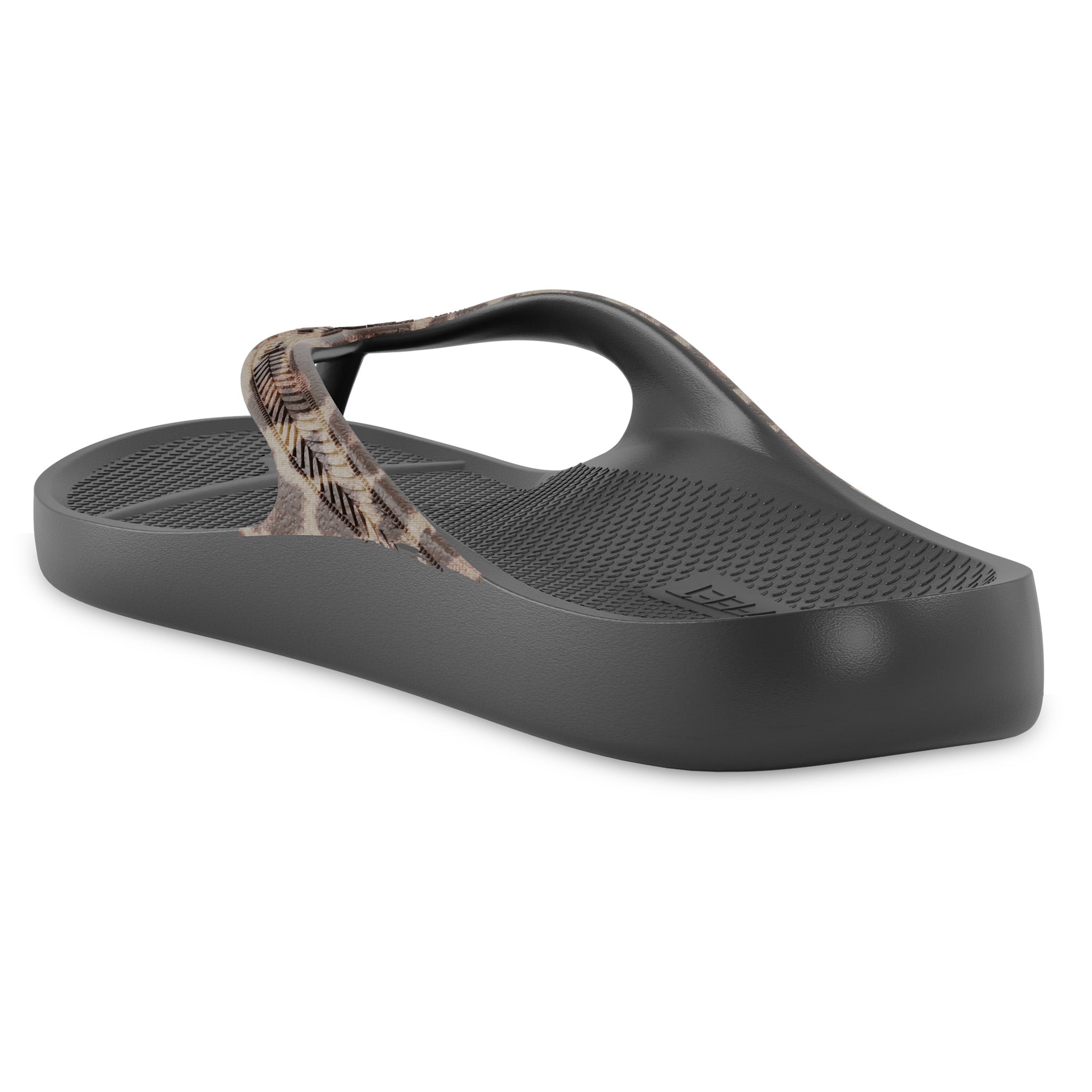 Arch view of black leopard print Lightfeet Arch Support Thongs