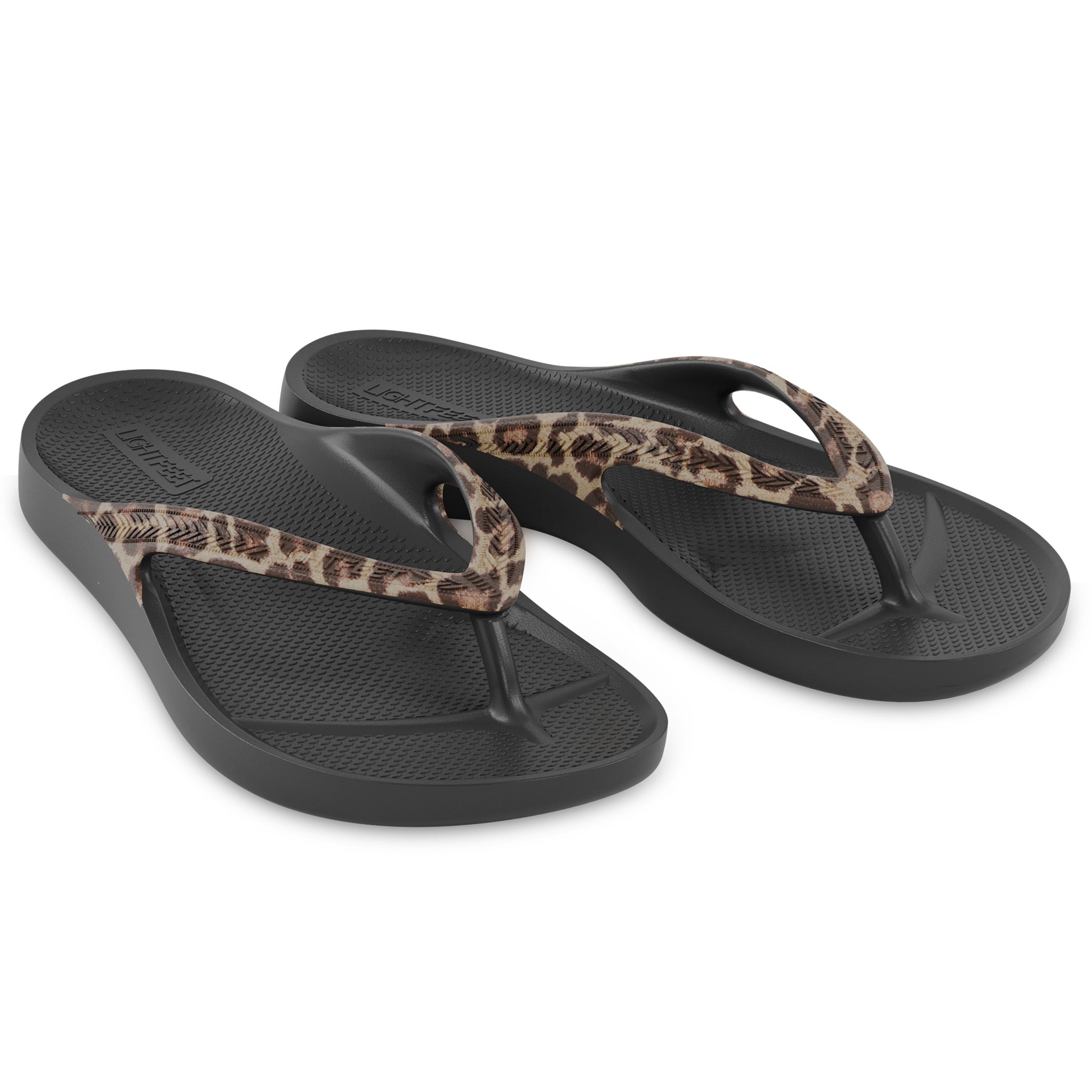 Pair of black leopard print Lightfeet Arch Support Thongs