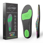 Image of Lightfeet Active Kids Orthotic Insoles showing the packaging and the bottom and side profile of the insole