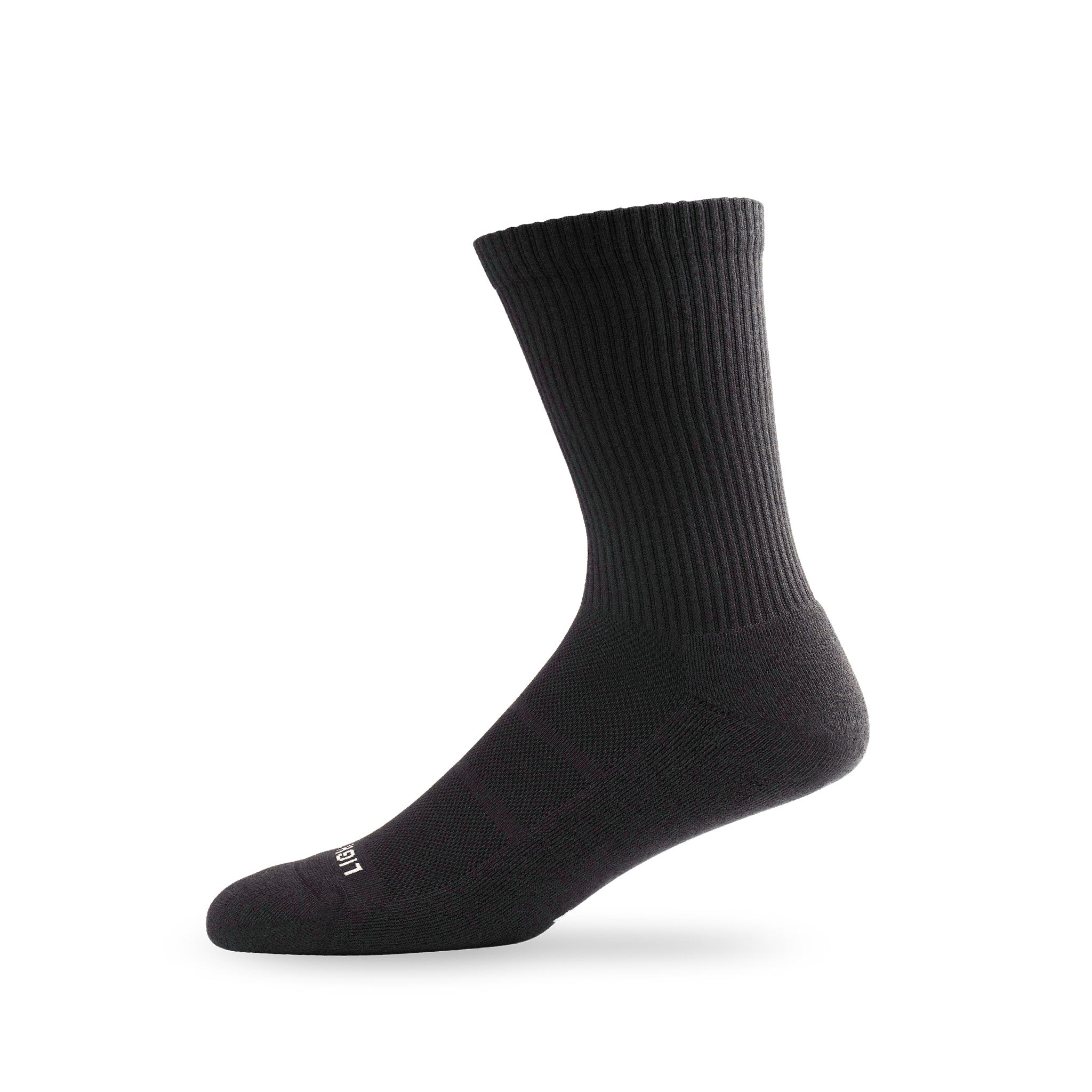 Side view of Lightfeet Comfort Black Crew Socks