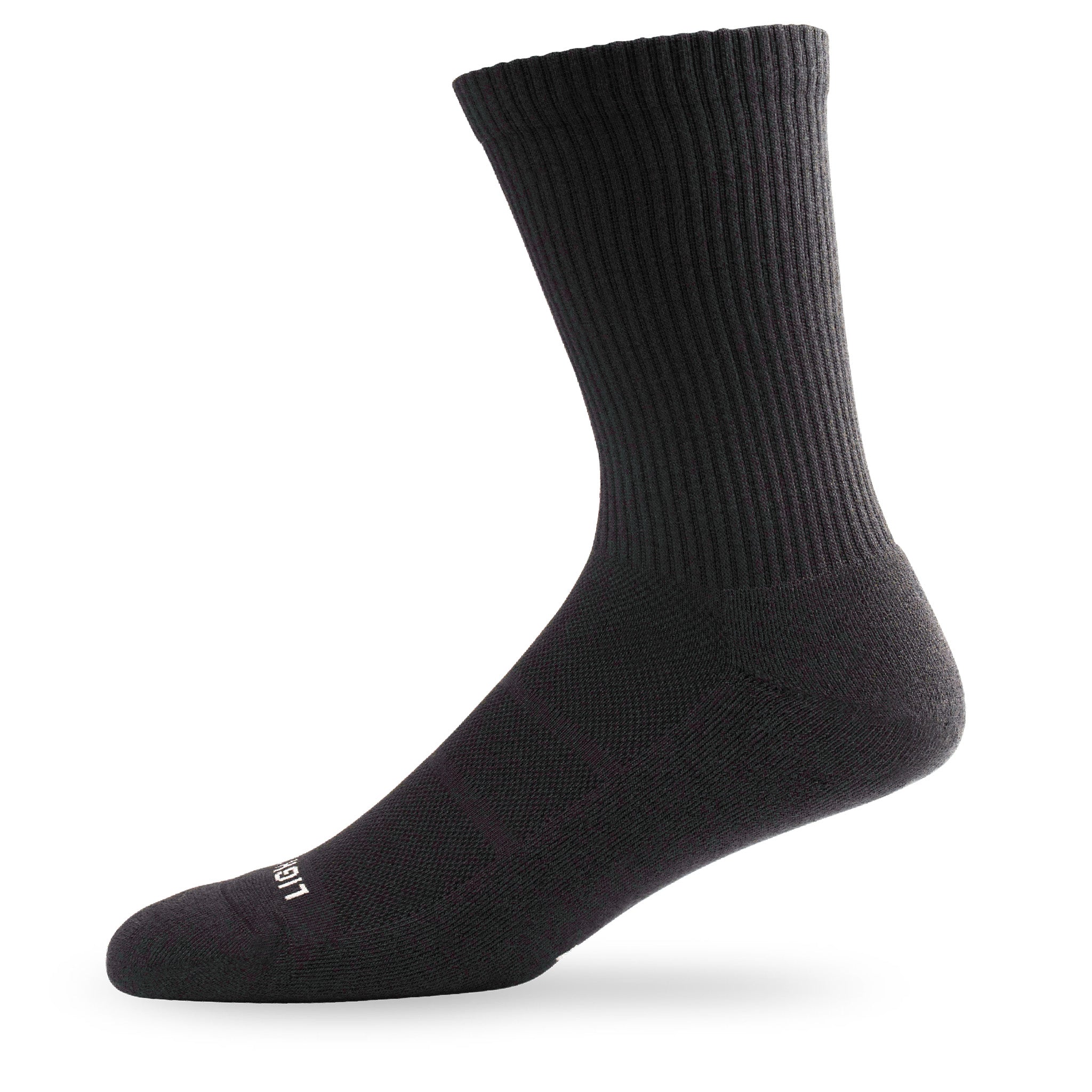 Side view of Lightfeet Comfort Black Crew Socks