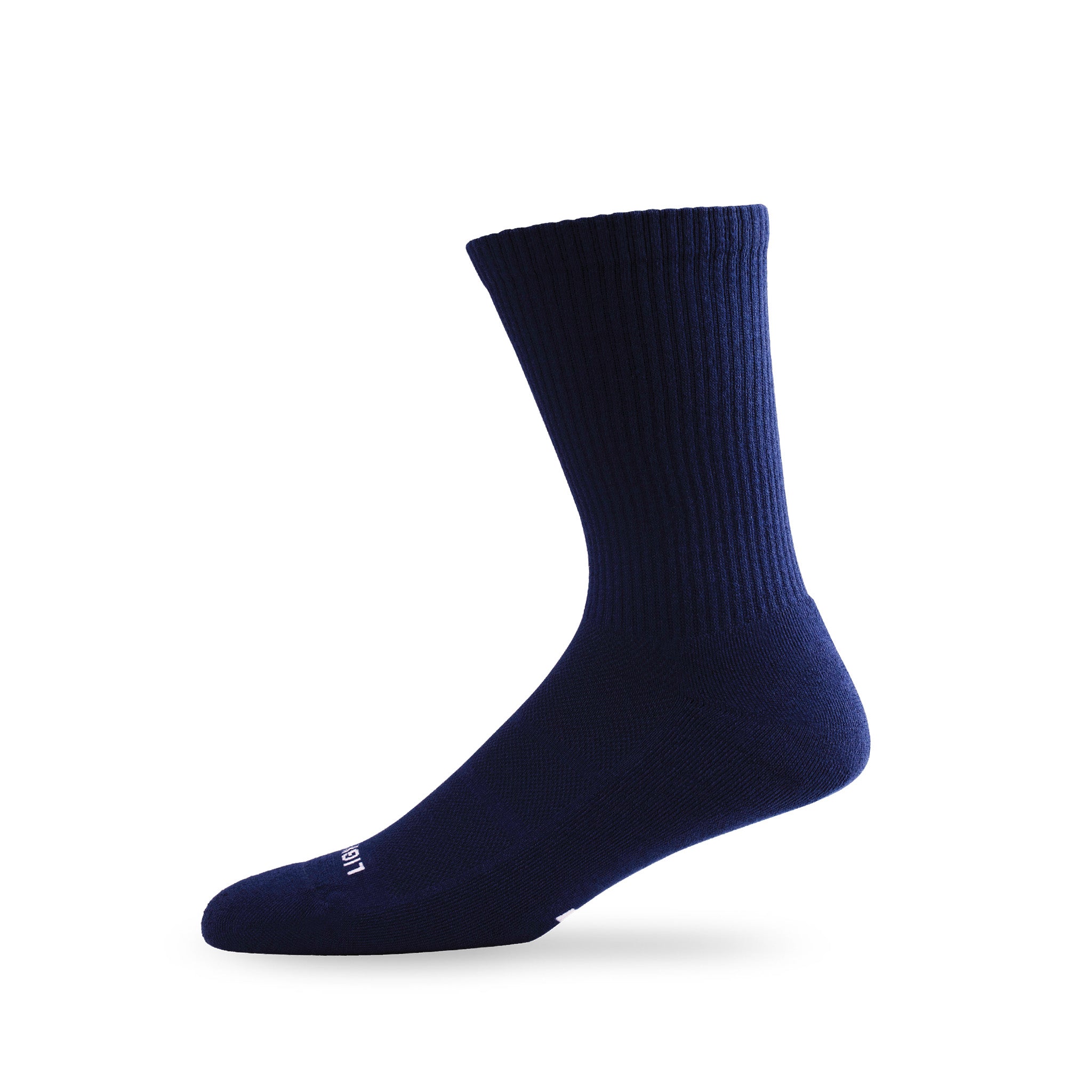 Side view of Lightfeet Comfort Navy Crew Socks