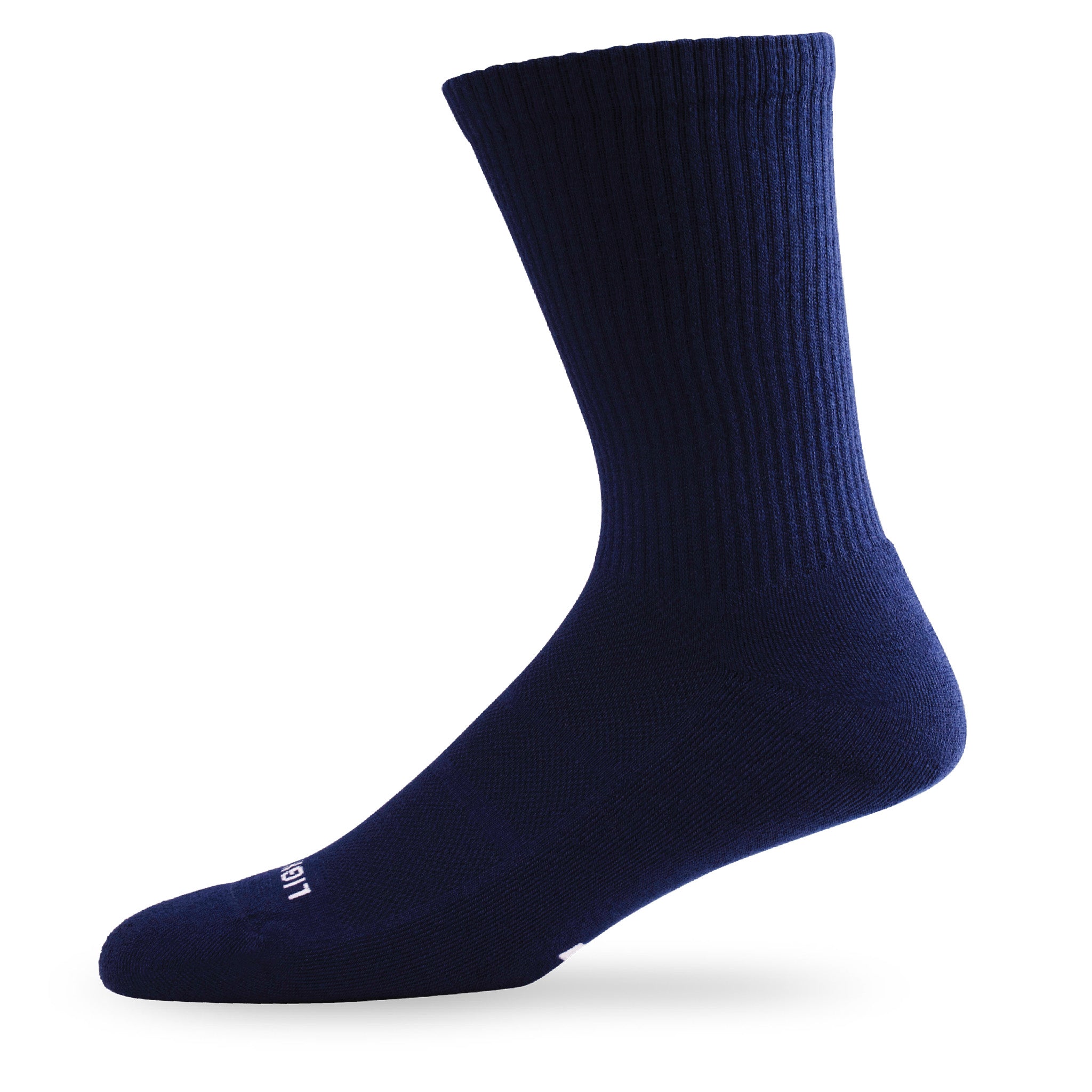 Side view of Lightfeet Comfort Navy Crew Socks