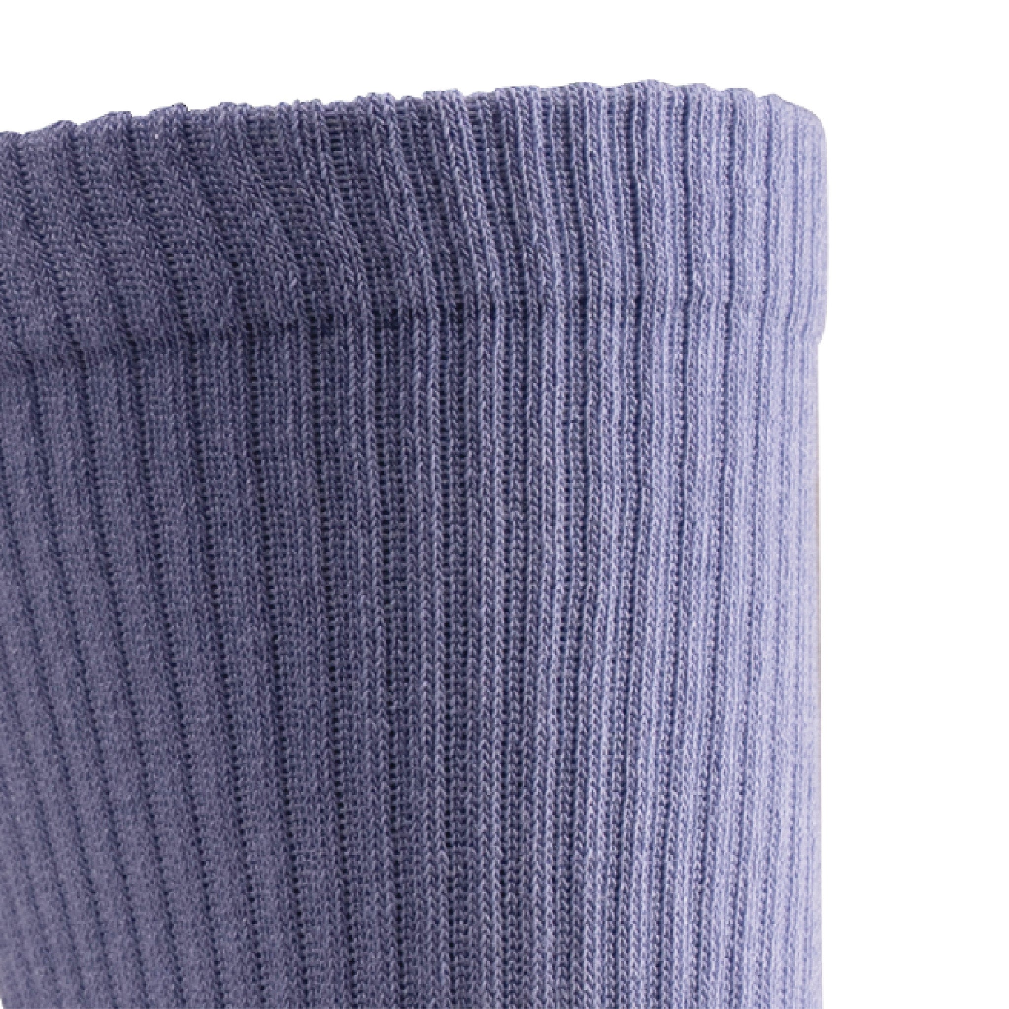 Close up view of cuff of Lightfeet Comfort Purple Crew Socks