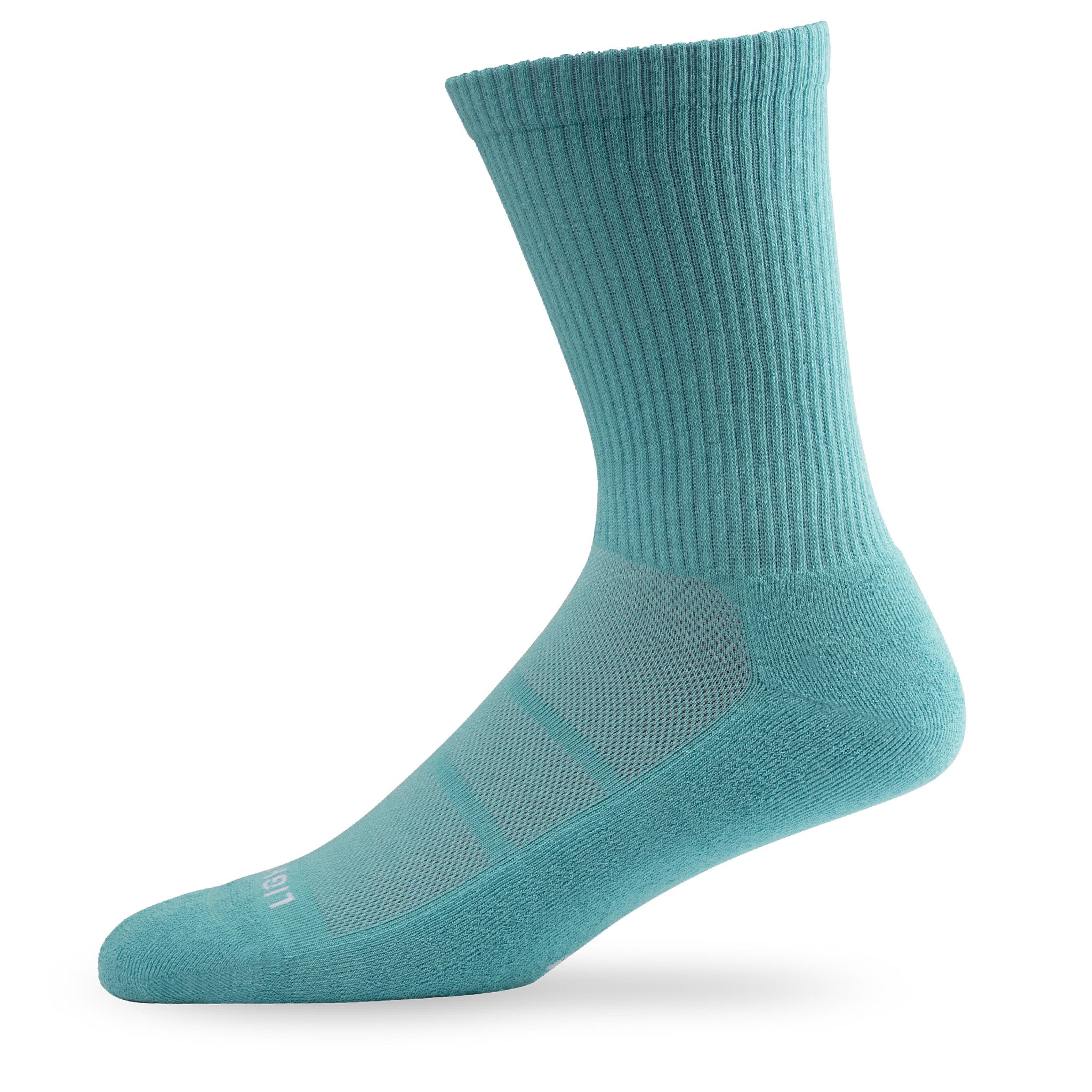 Side view of Lightfeet Comfort Teal Crew Socks