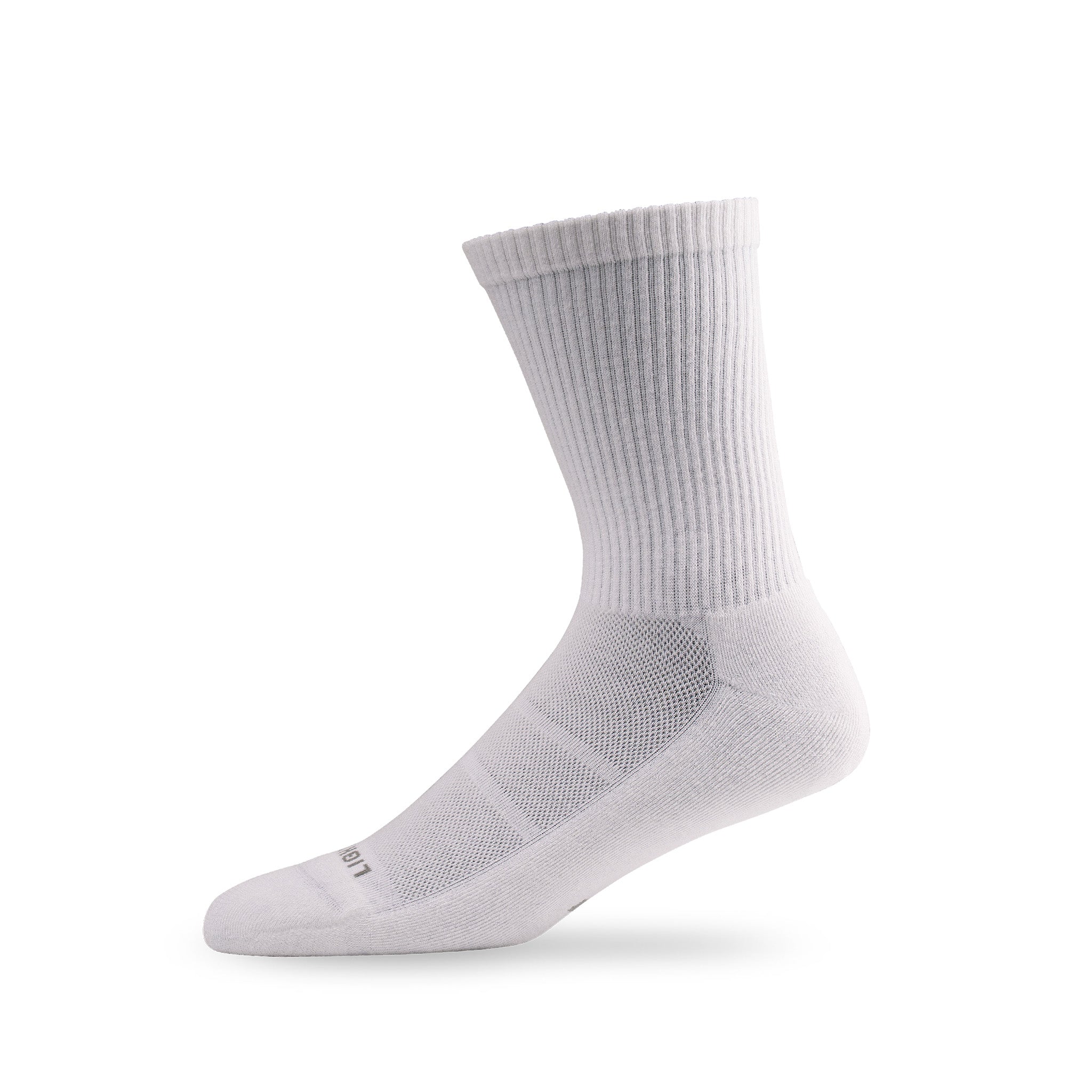 Side view of Lightfeet Comfort White Crew Socks