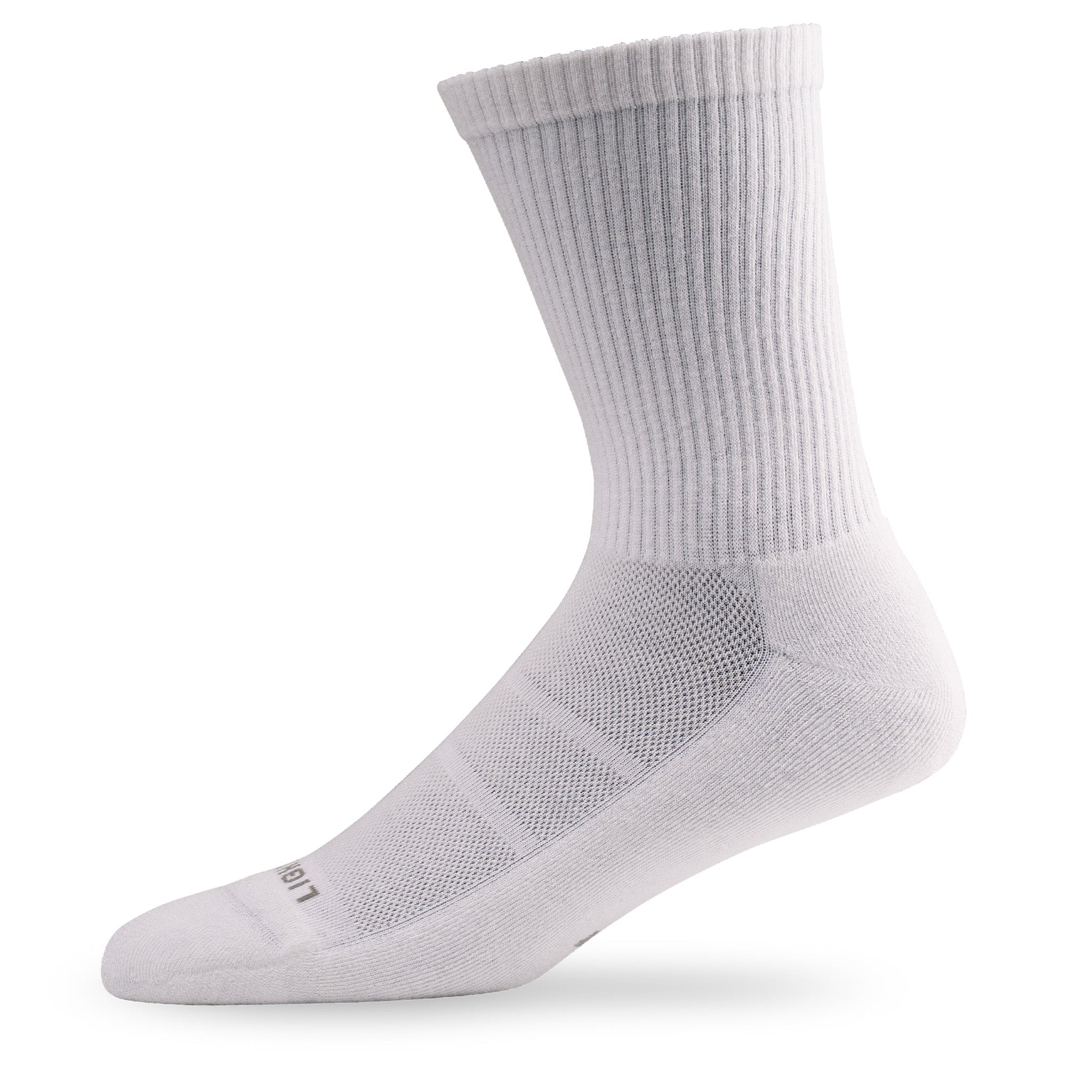 Side view of Lightfeet Comfort White Crew Socks