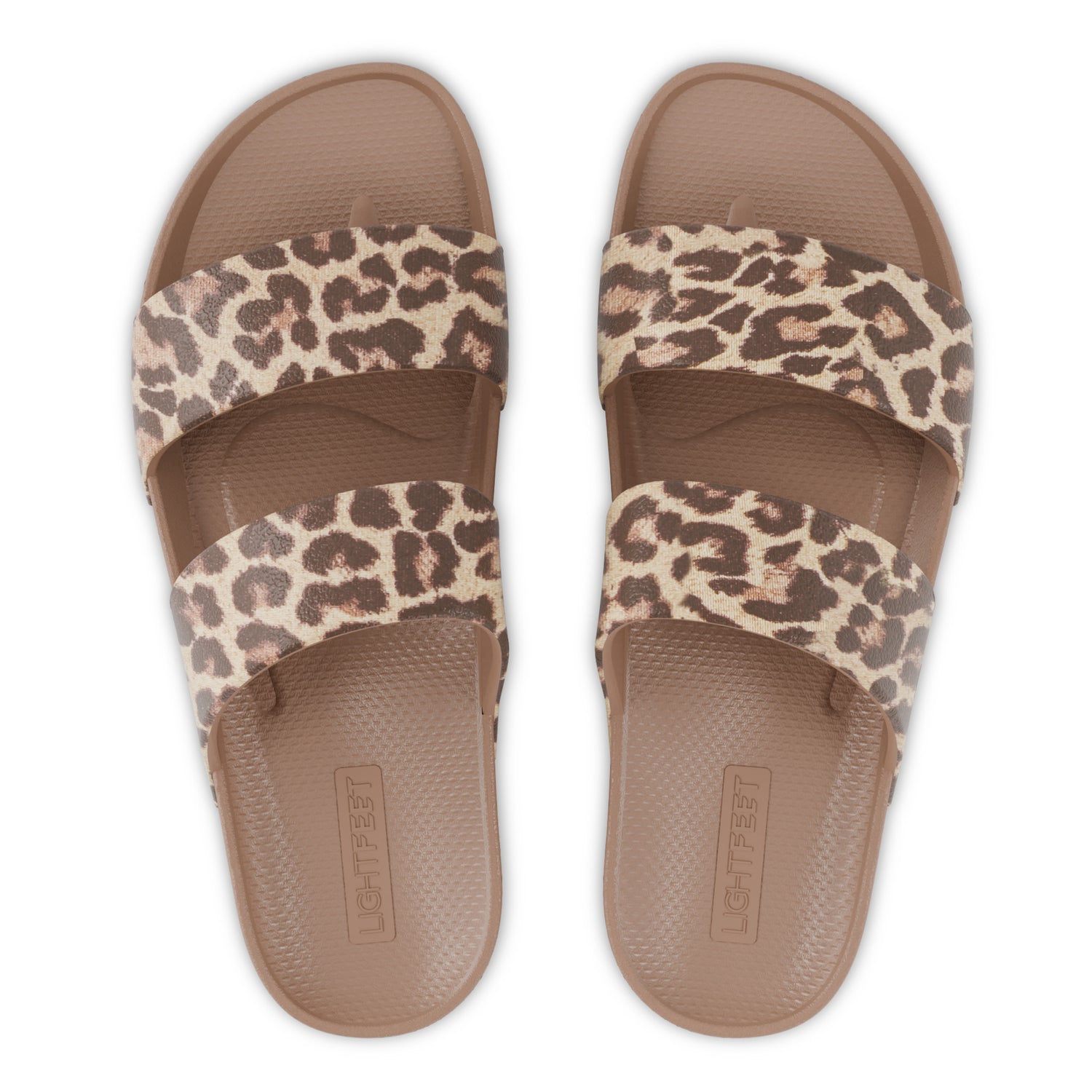Top view of latte leopard print Lightfeet Double Strap Slide