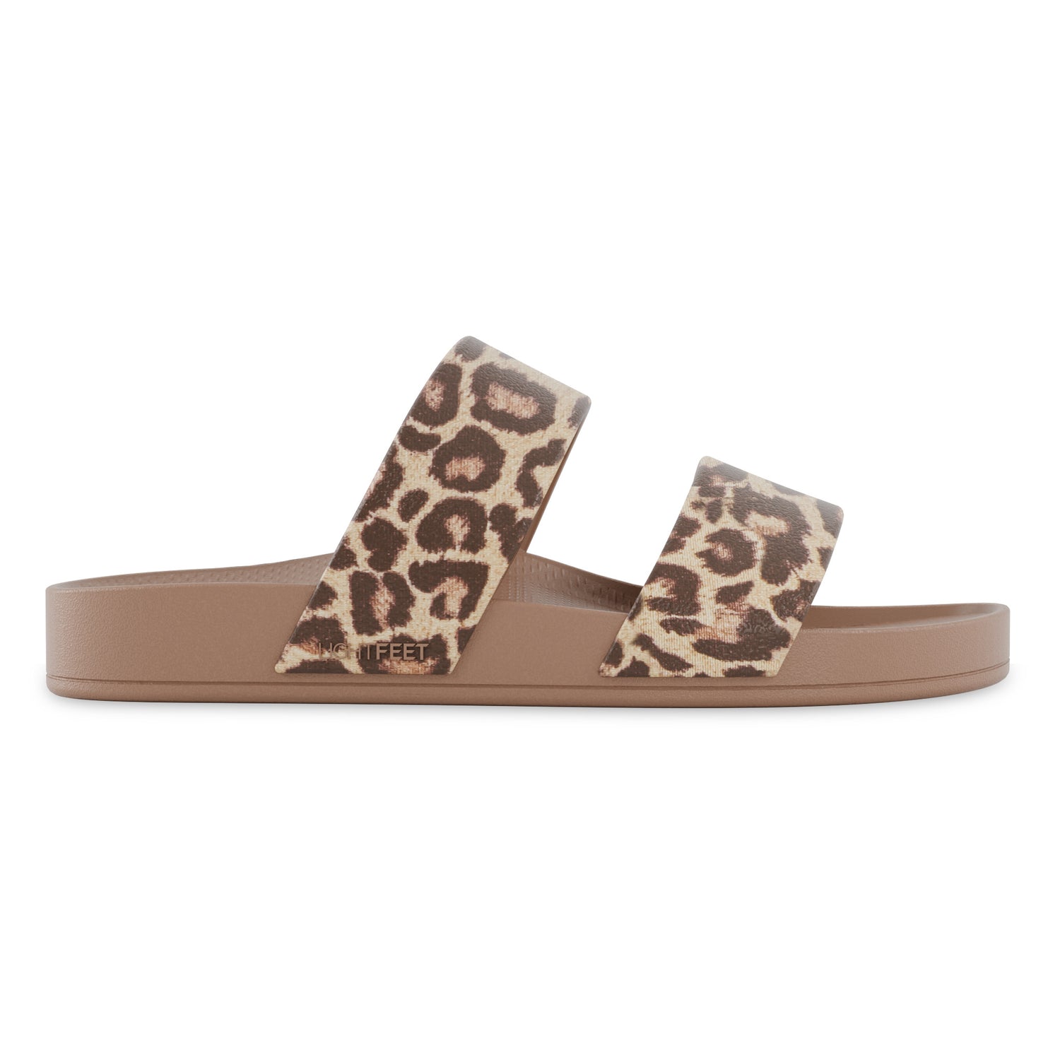 Side view of latte leopard print Lightfeet Double Strap Slide