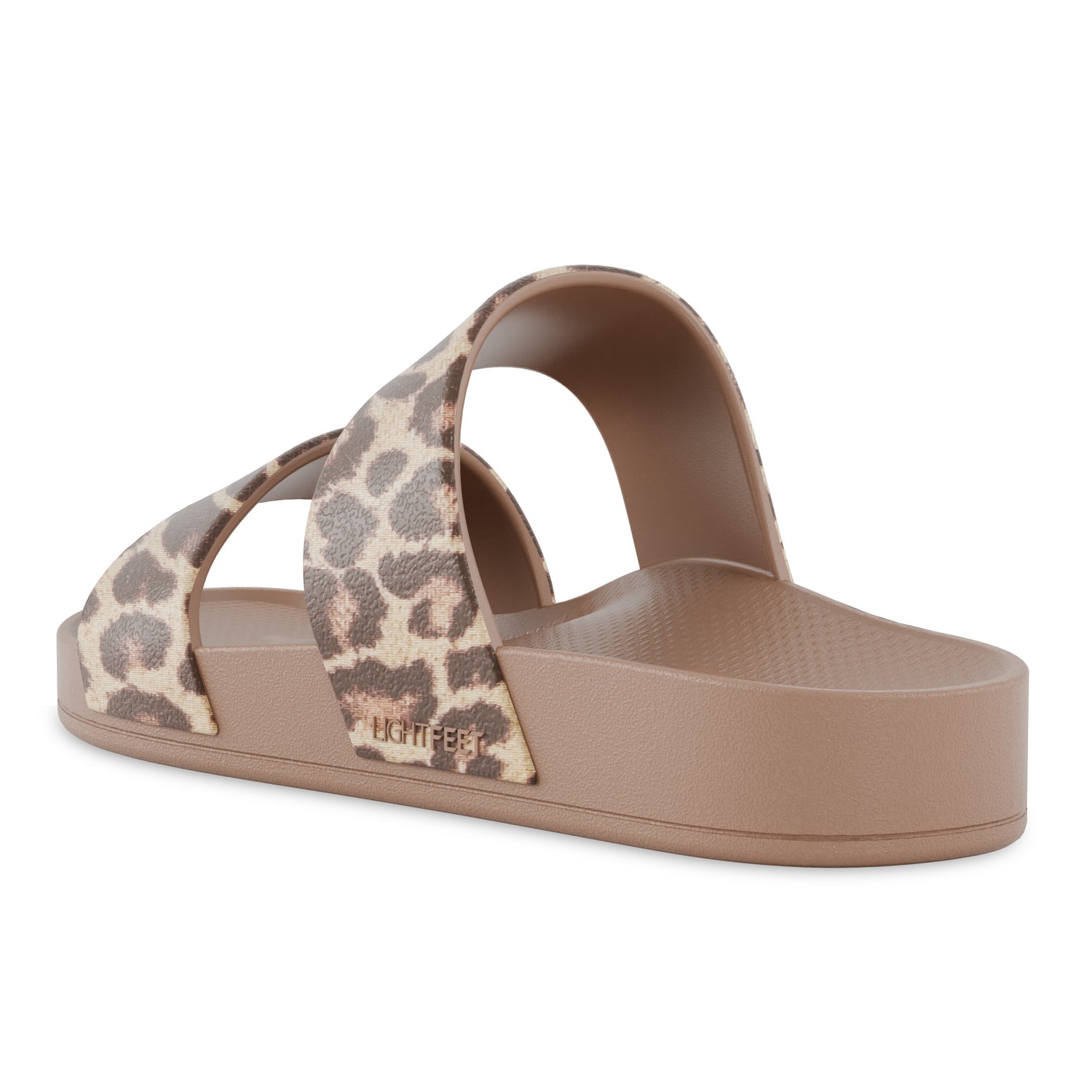 View of arch profile of latte leopard print Lightfeet Double Strap Slide