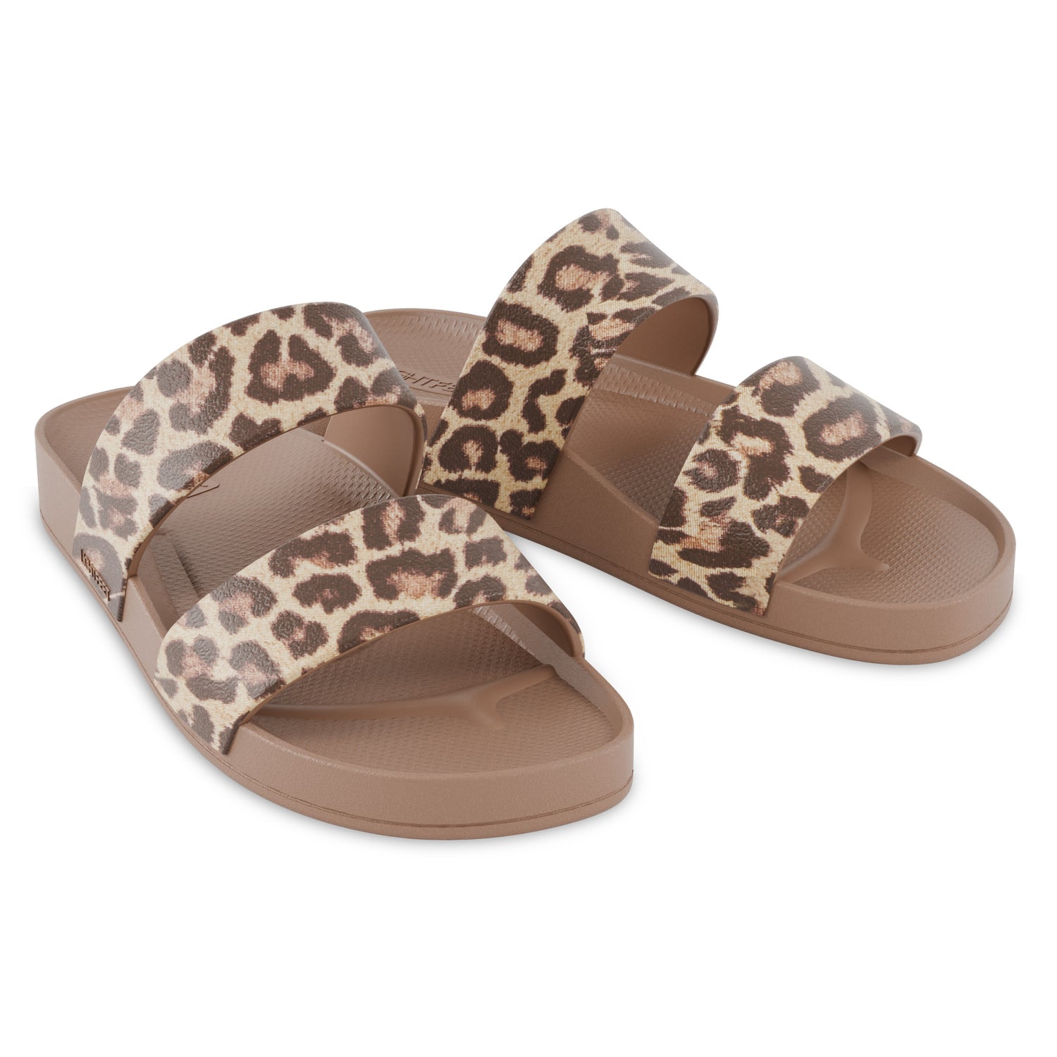 Pair of latte leopard print Lightfeet Double Strap Slides
