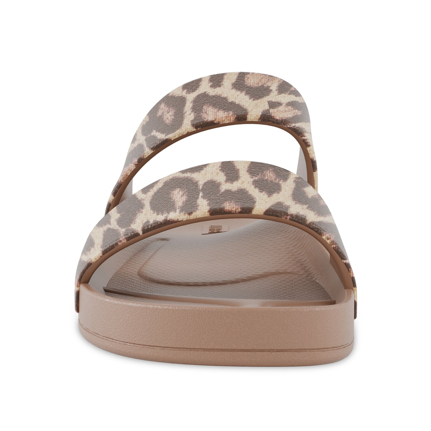Front view of latte leopard print Lightfeet Double Strap Slide