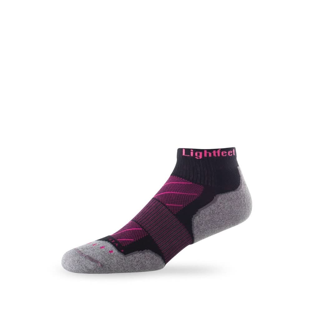 Side view of Lightfeet Evolution Black Fluro Pink Mini Crew Performance Running Sock