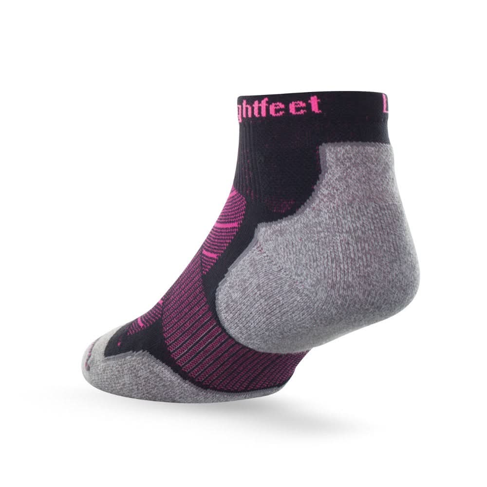 Heel view of Lightfeet Evolution Black Fluro Pink Mini Crew Performance Running Sock