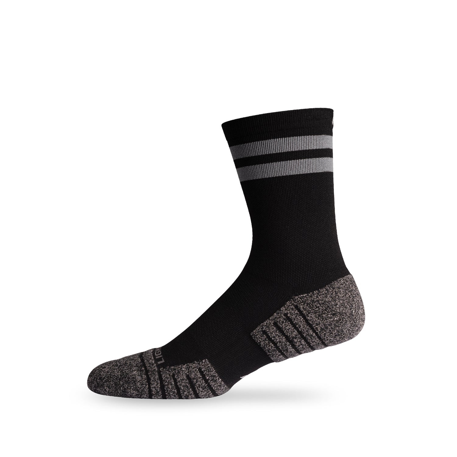 Side view of Lightfeet Performance 2 Stripes Black Half Crew Sock