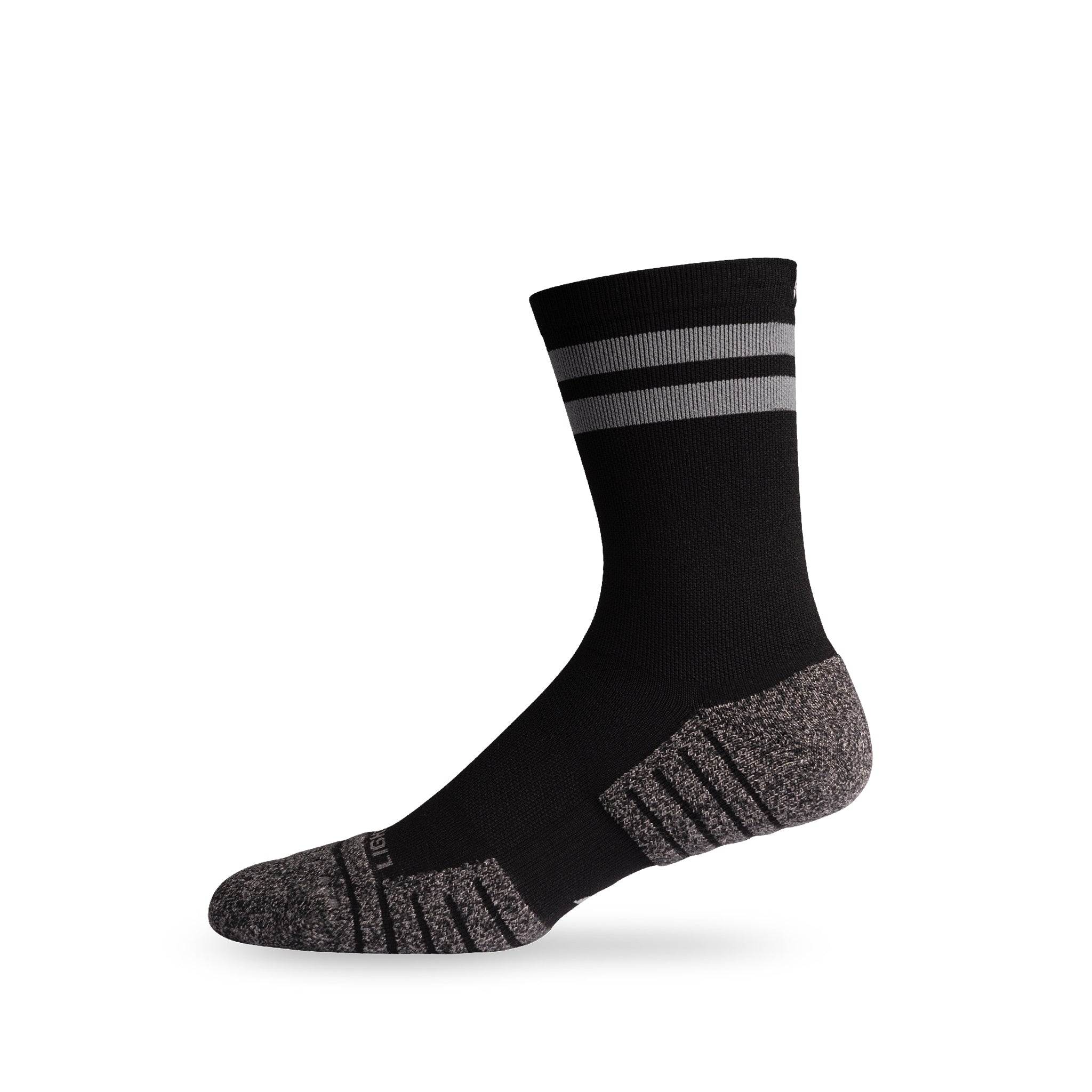 Side view of Lightfeet Performance 2 Stripes Black Half Crew Sock
