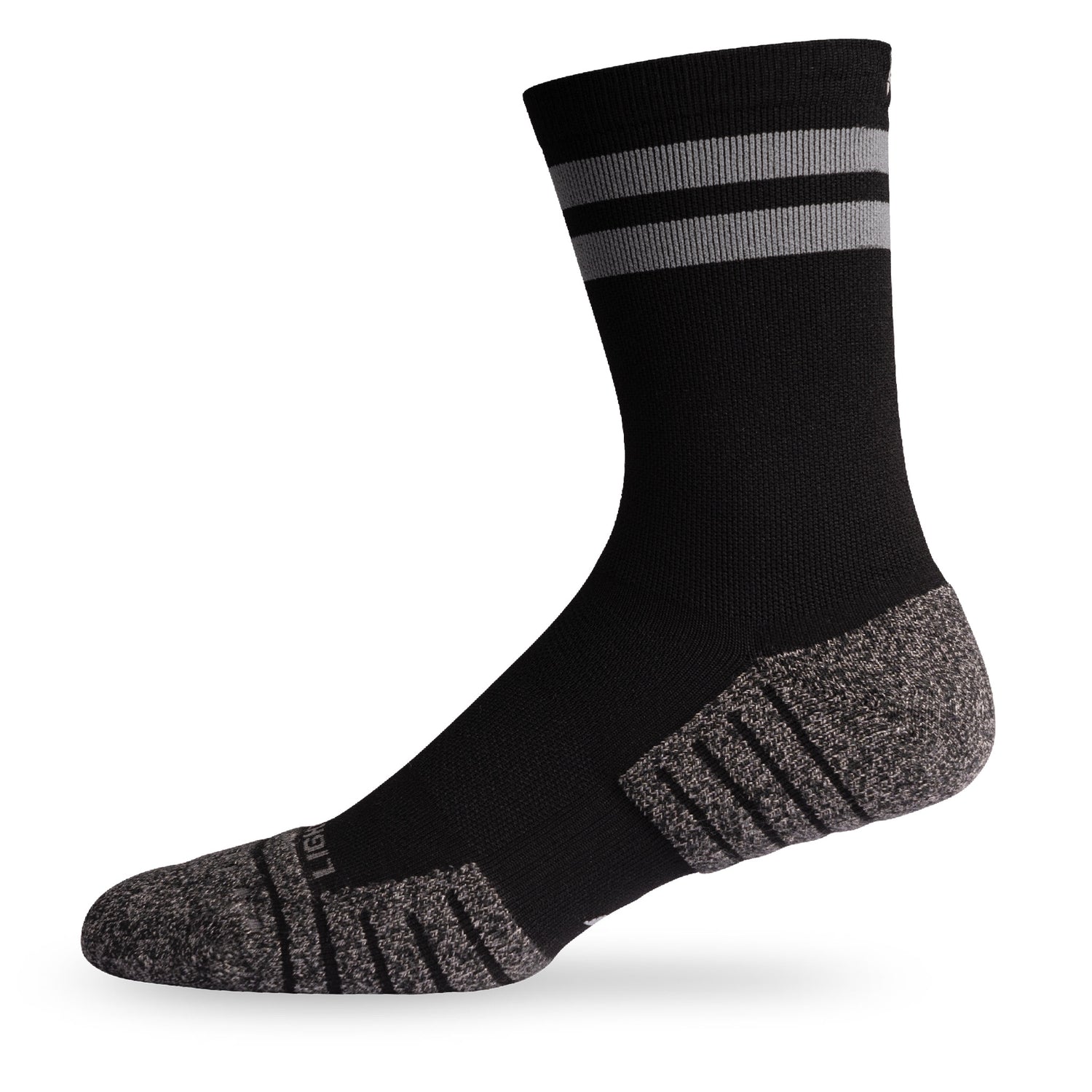 Side view of Lightfeet Performance 2 Stripes Black Half Crew Sock