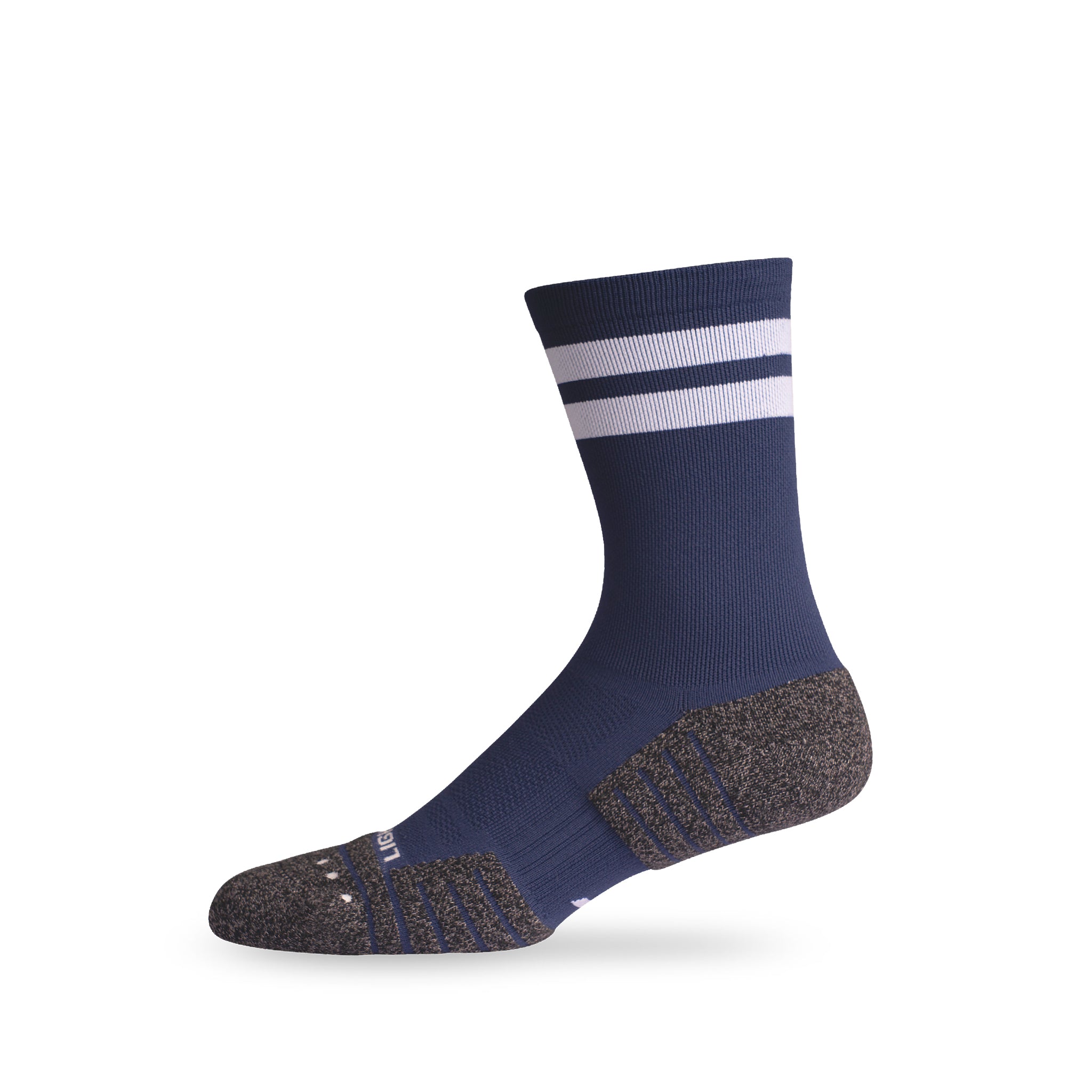 Side view of Lightfeet Performance 2 Stripes Navy Half Crew Sock
