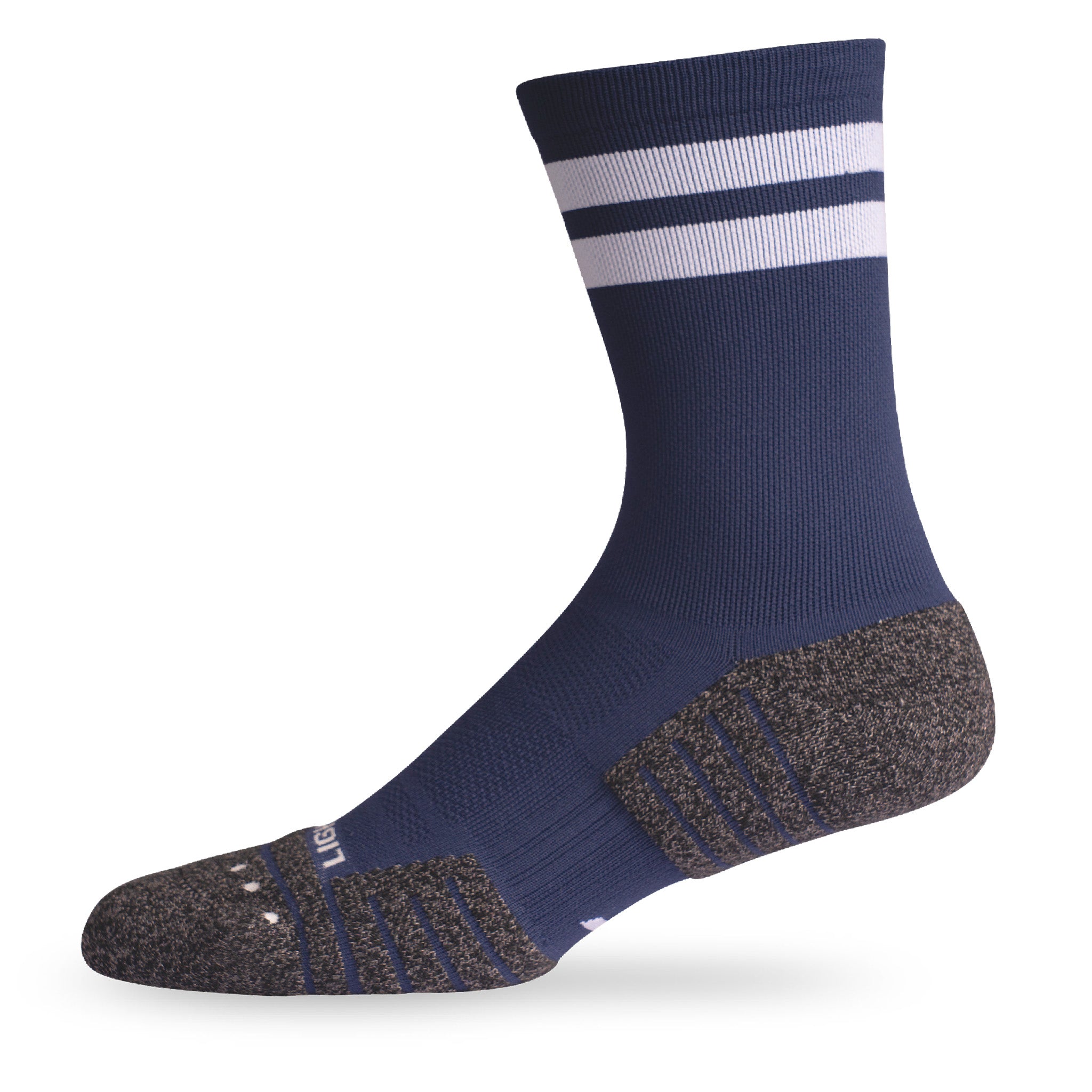 Side view of Lightfeet Performance 2 Stripes Navy Half Crew Sock