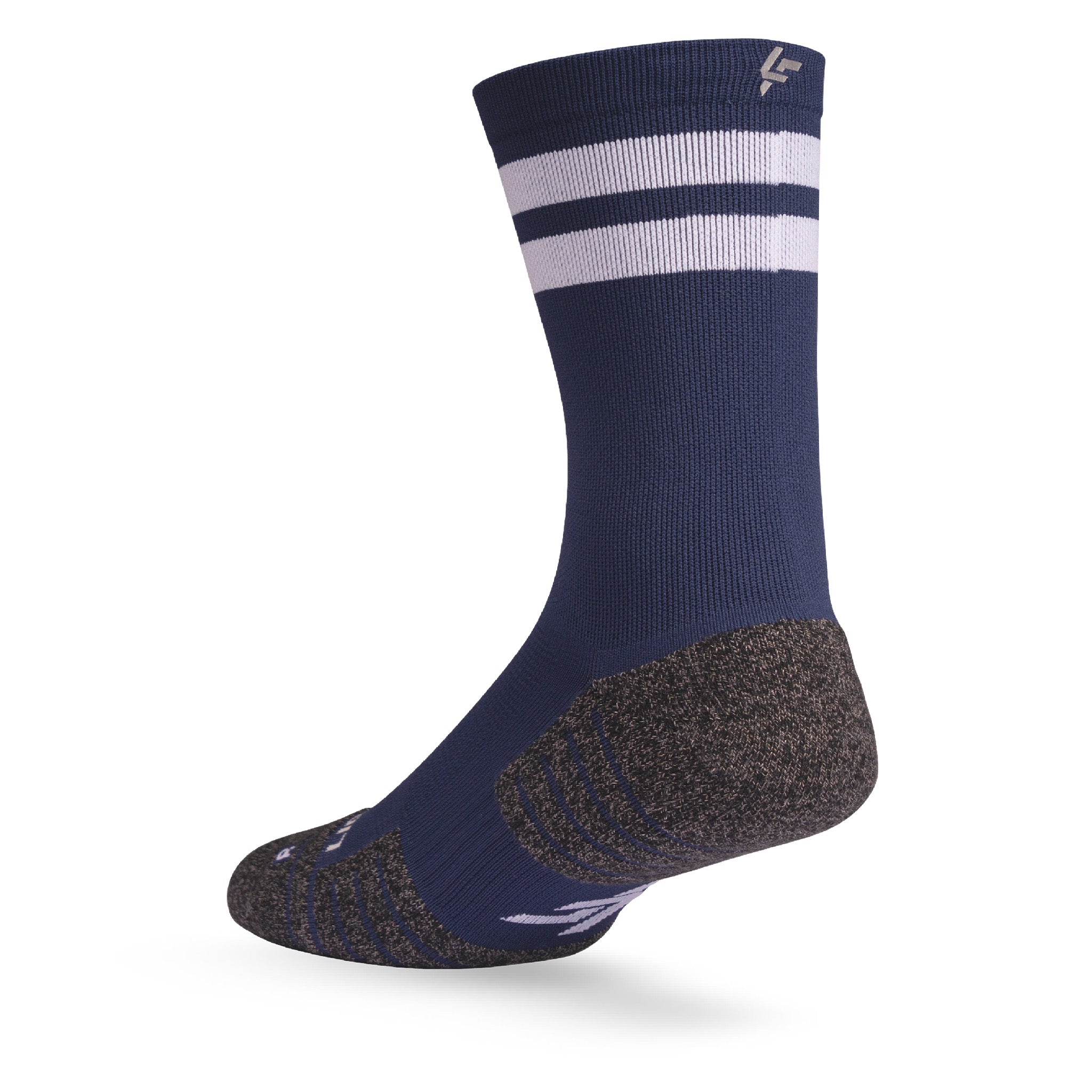 Heel view of Lightfeet Performance 2 Stripes Navy Half Crew Sock