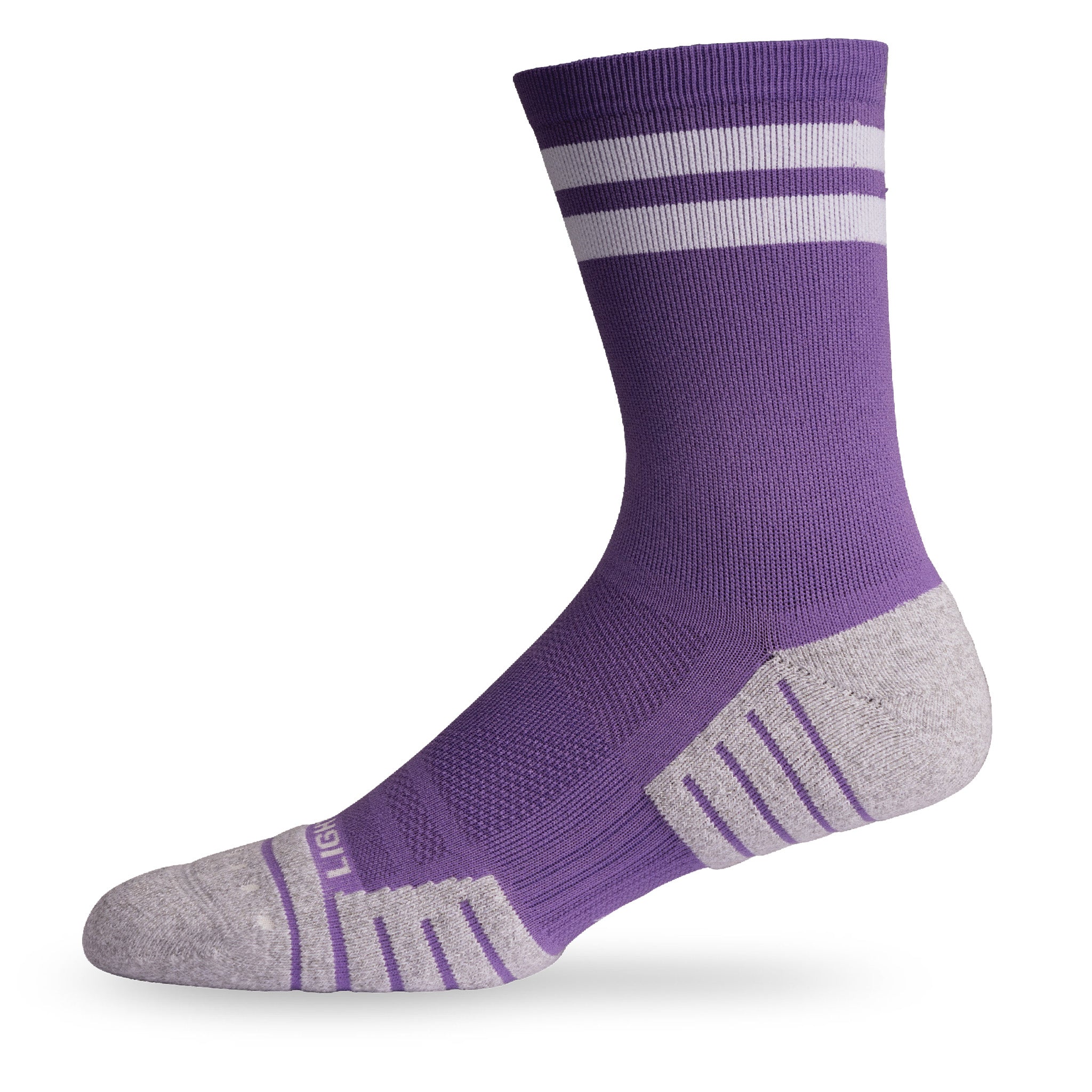 Side view of Lightfeet Performance 2 Stripes Violet Half Crew Sock