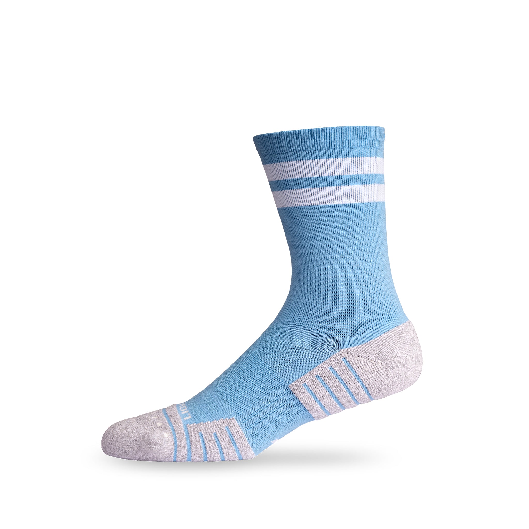 Side view of Lightfeet Performance 2 Stripes Soft Blue Half Crew Sock