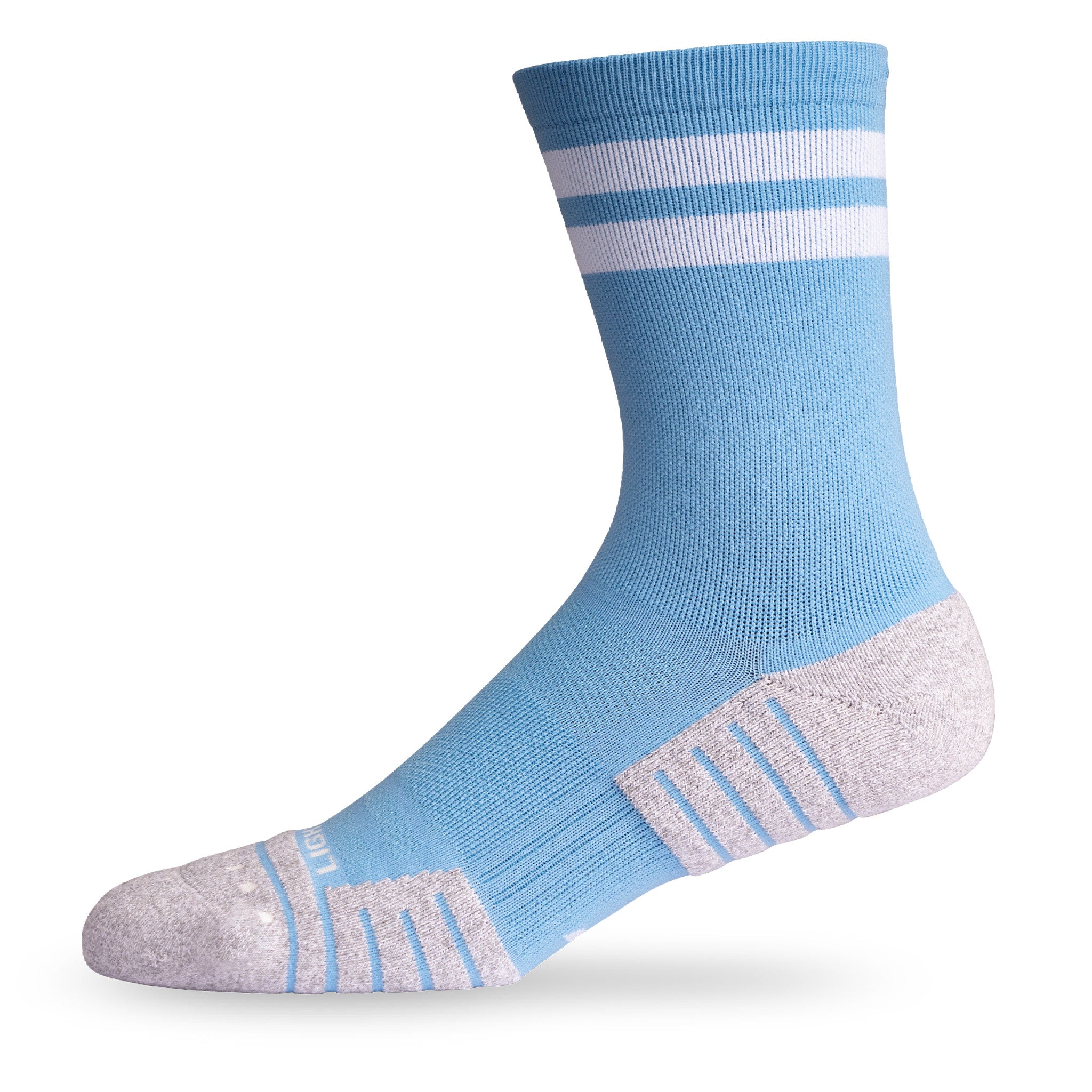 Side view of Lightfeet Performance 2 Stripes Soft Blue Half Crew Sock