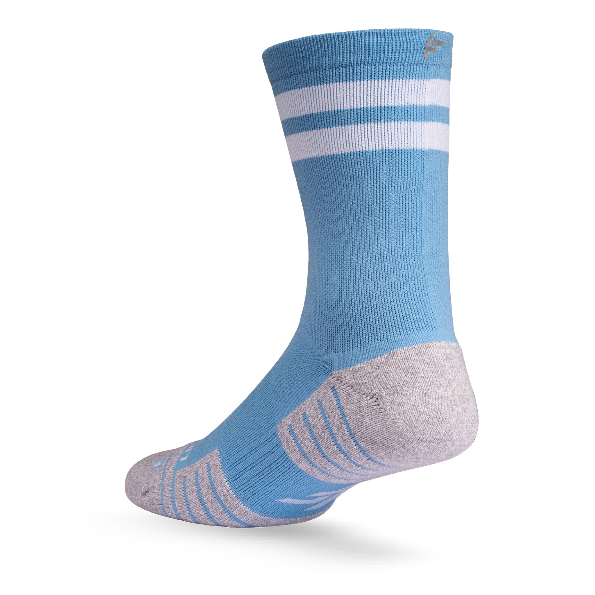 Heel view of Lightfeet Performance 2 Stripes Soft Blue Half Crew Sock