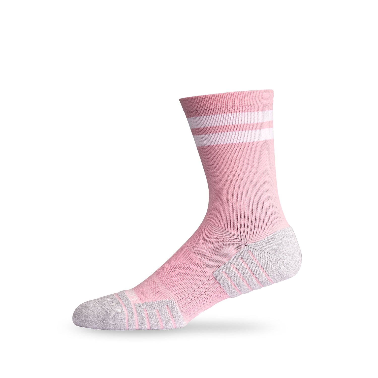 Side view of Lightfeet Performance 2 Stripes Soft Pink Half Crew Sock