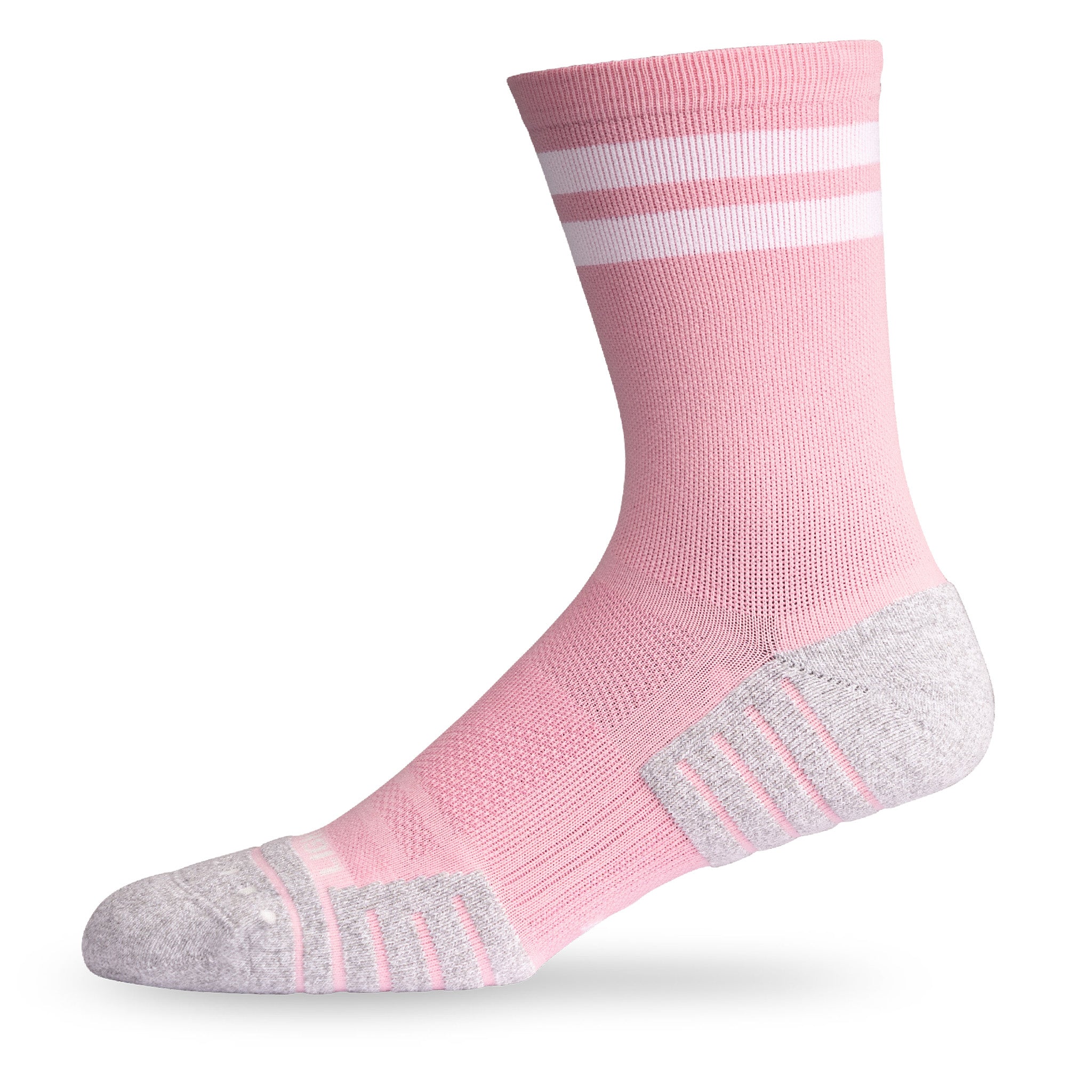 Side view of Lightfeet Performance 2 Stripes Soft Pink Half Crew Sock