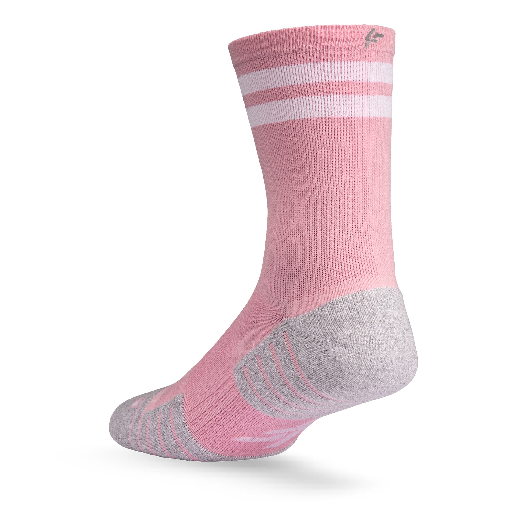 Heel view of Lightfeet Performance 2 Stripes Soft Pink Half Crew Sock