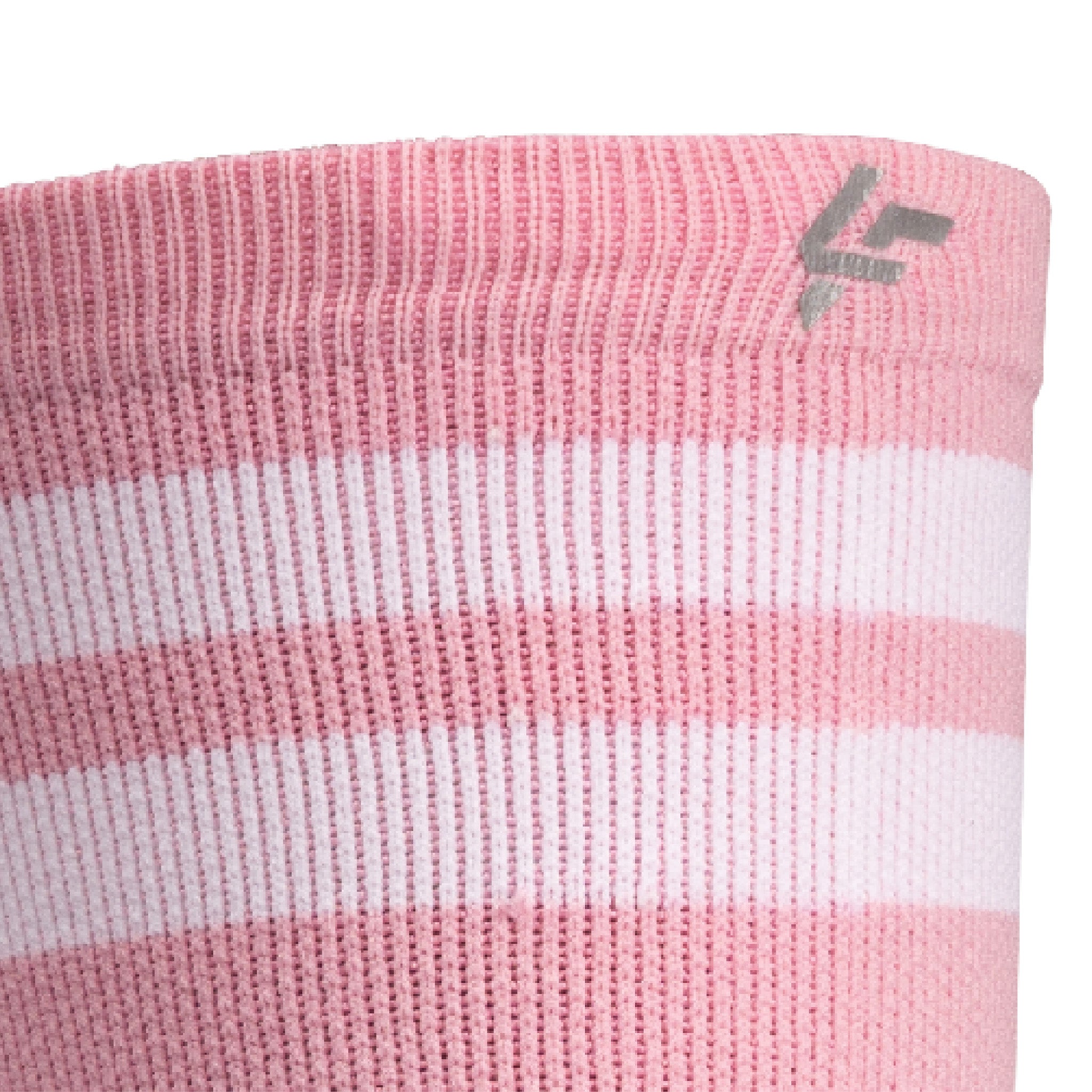 Close up view of reflective print symbol on Lightfeet Performance 2 Stripes Soft Pink Half Crew Sock
