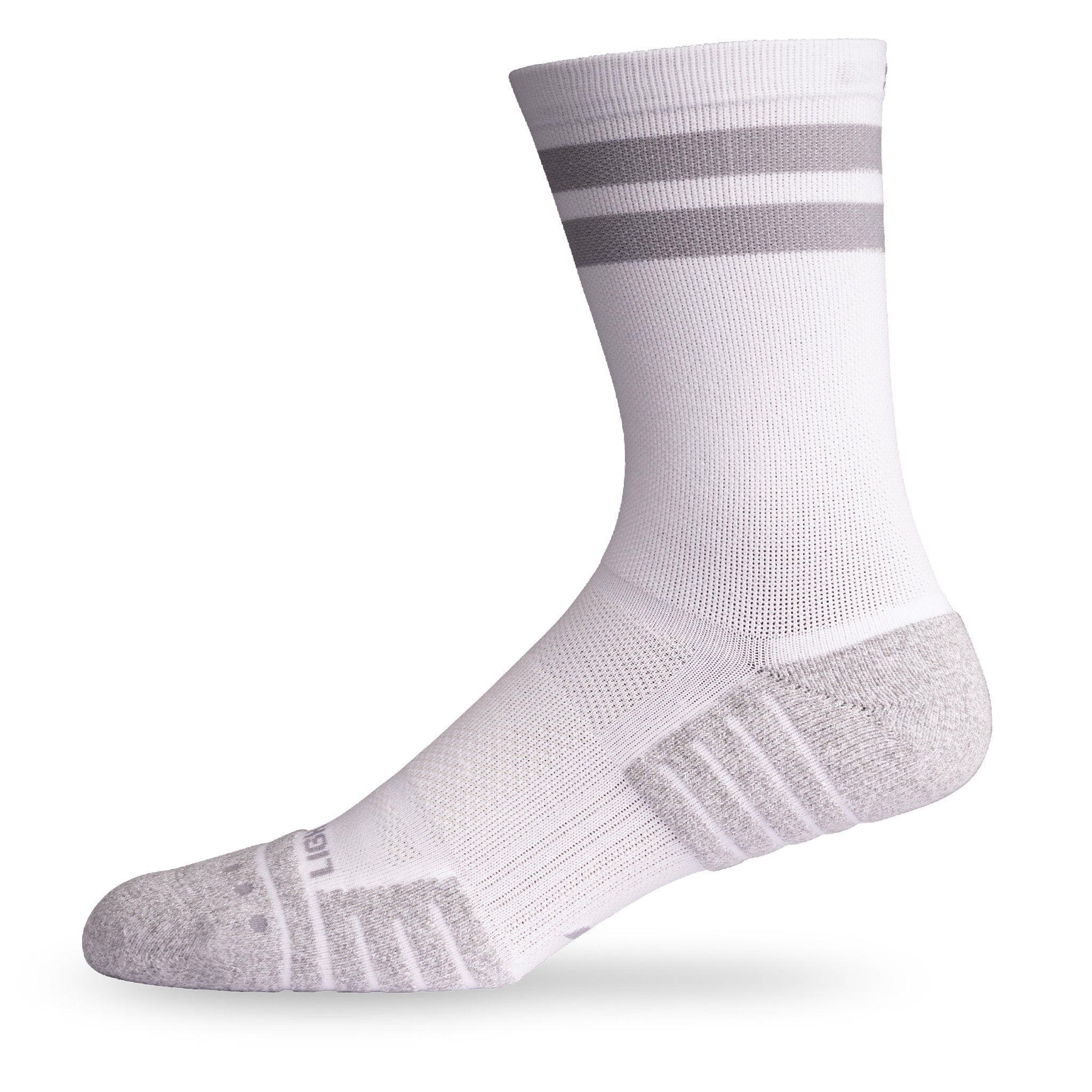 Side view of Lightfeet Performance 2 Stripes White Half Crew Sock