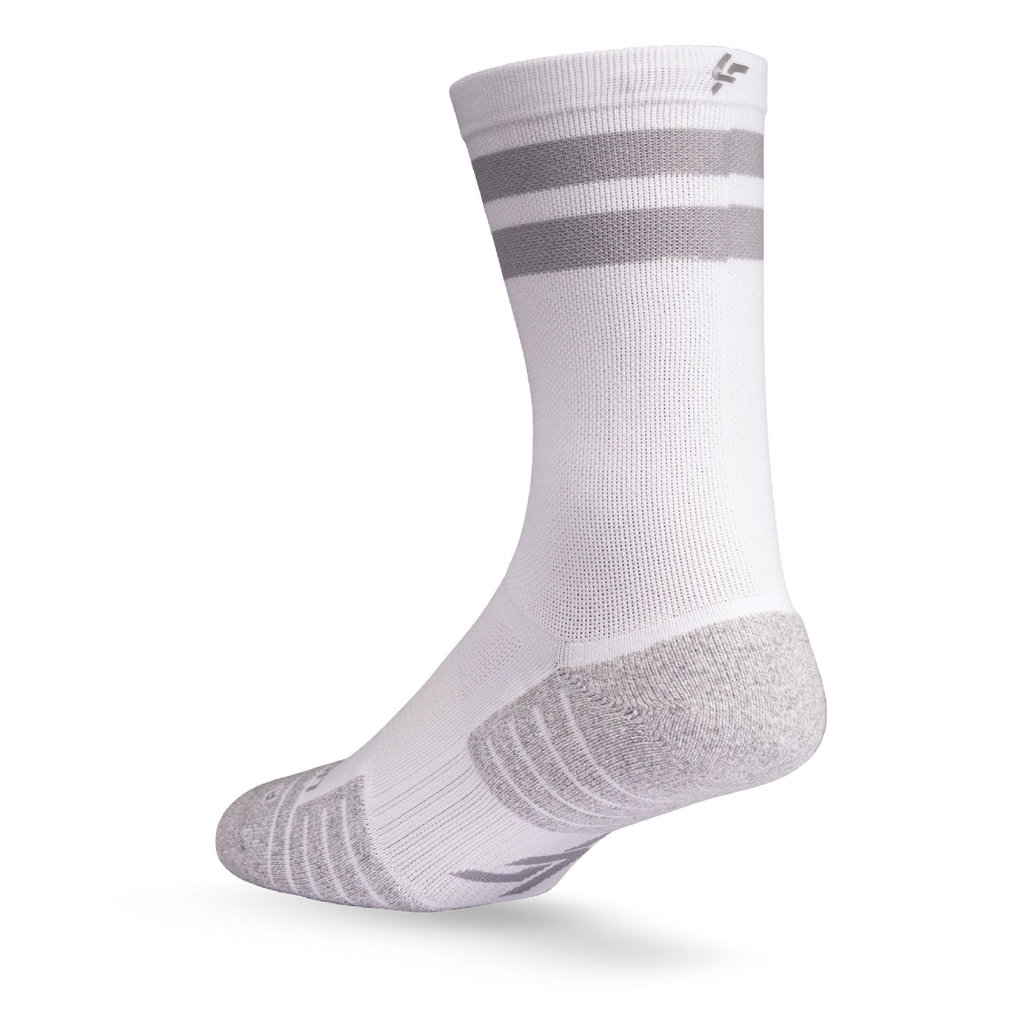 Heel view of Lightfeet Performance 2 Stripes White Half Crew Sock