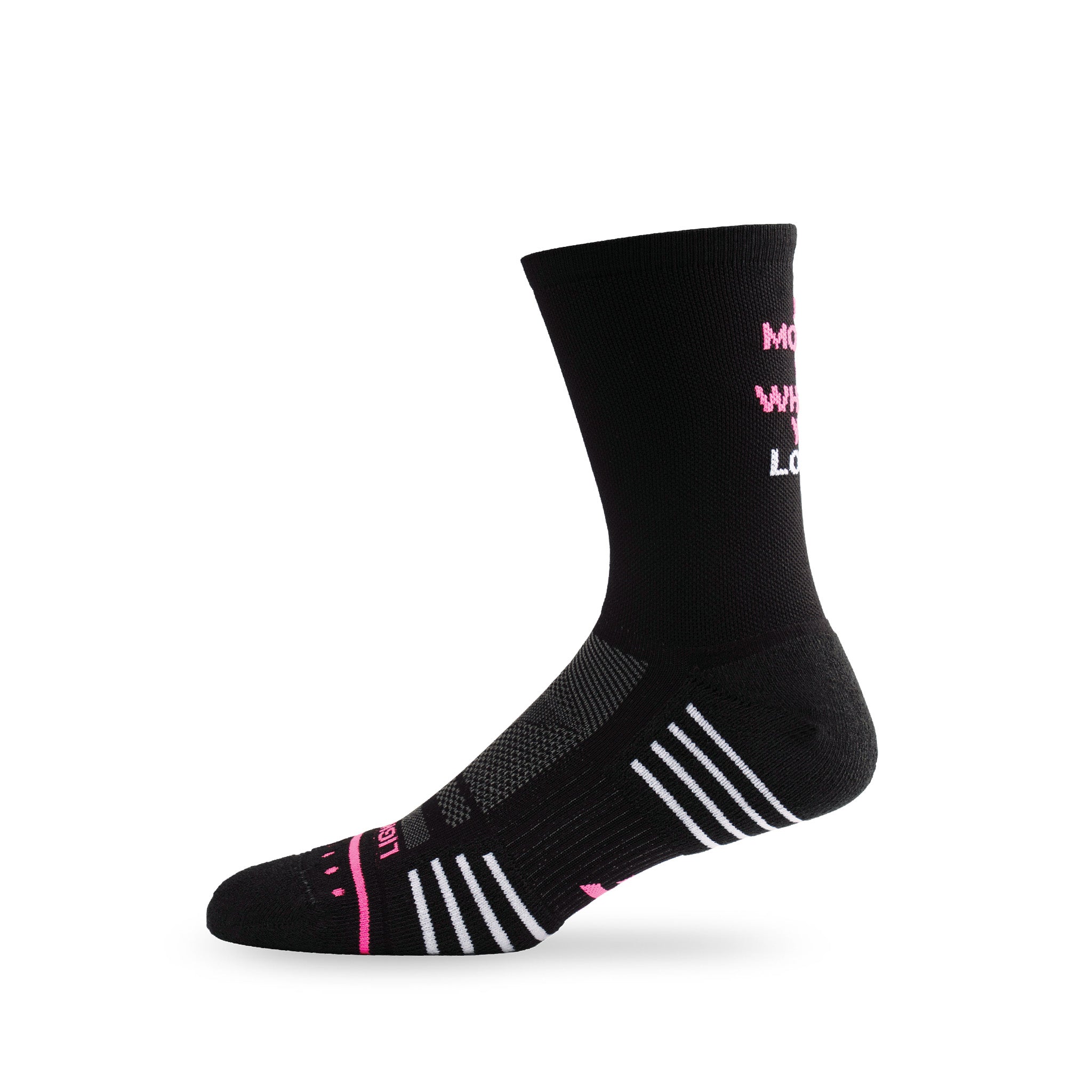 Side view of Lightfeet Performance Do More Of What You Love Black Pink White Crew Socks