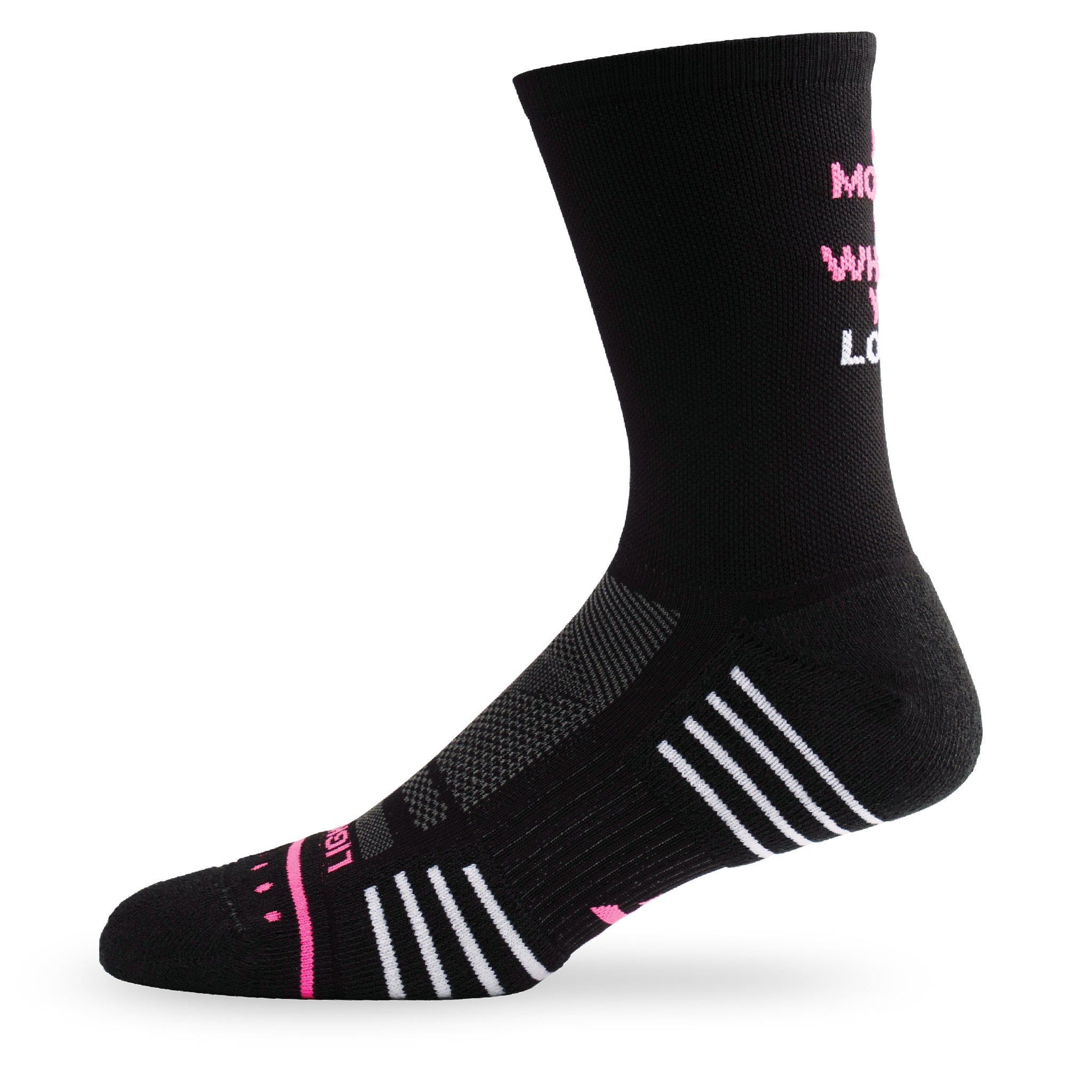 Side view of Lightfeet Performance Do More Of What You Love Black Pink White Crew Socks