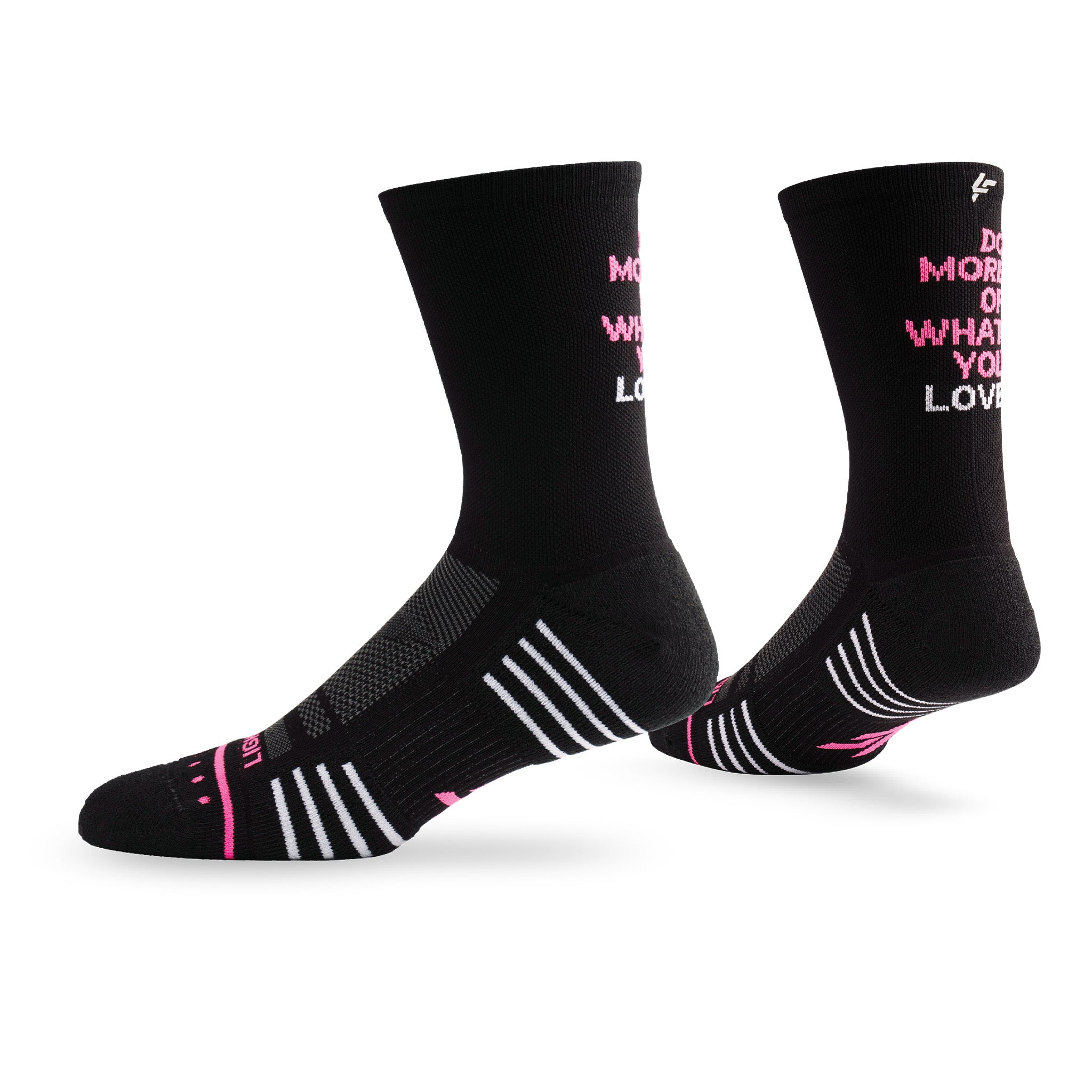 Pair of Lightfeet Performance Do More Of What You Love Black Pink White Crew Socks