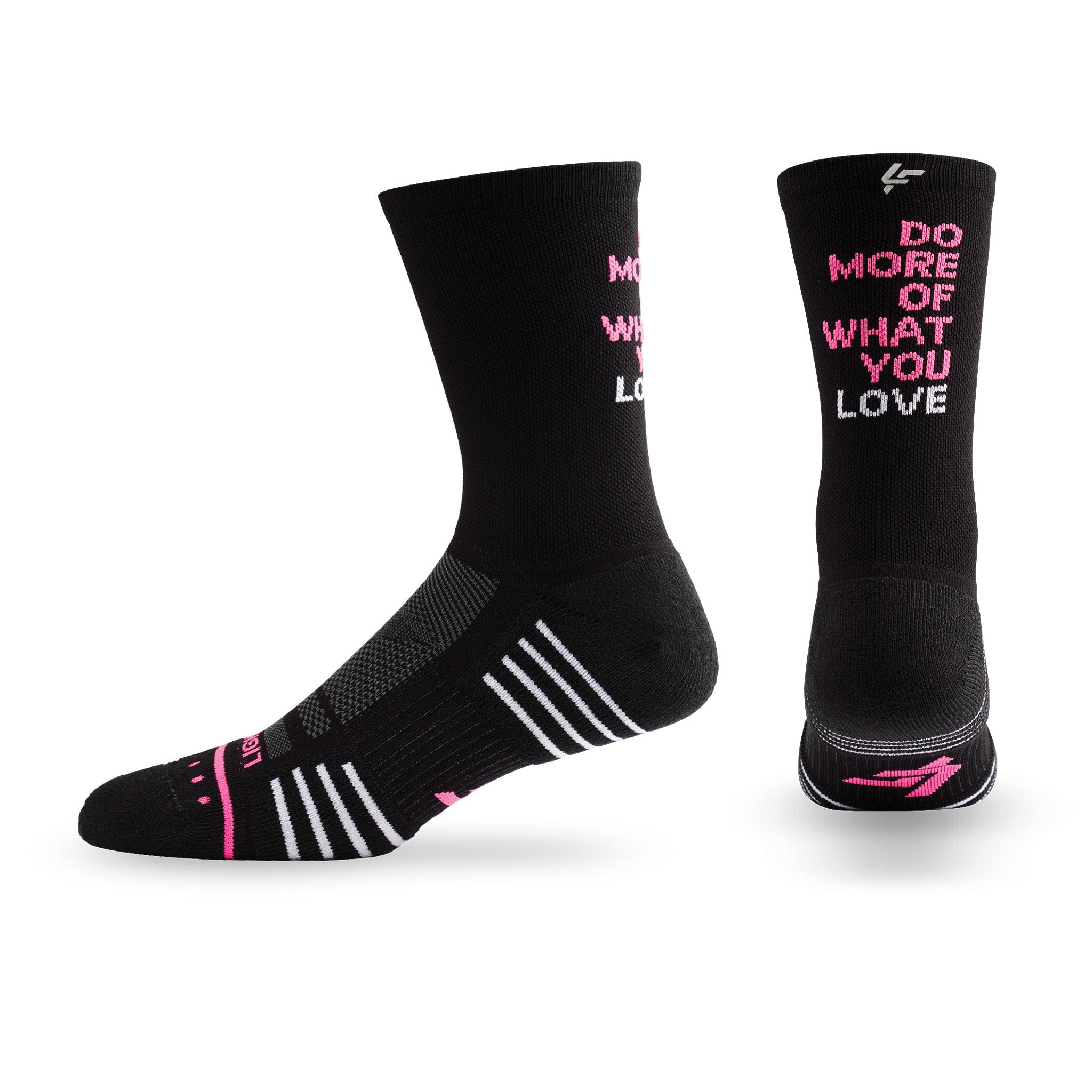 Pair of Lightfeet Performance Do More Of What You Love Black Pink White Crew Socks