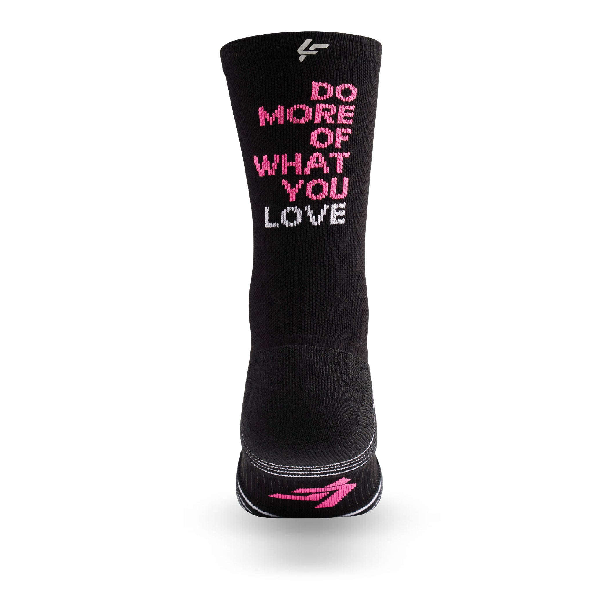 Heel view of Lightfeet Performance Do More Of What You Love Black Pink White Crew Socks