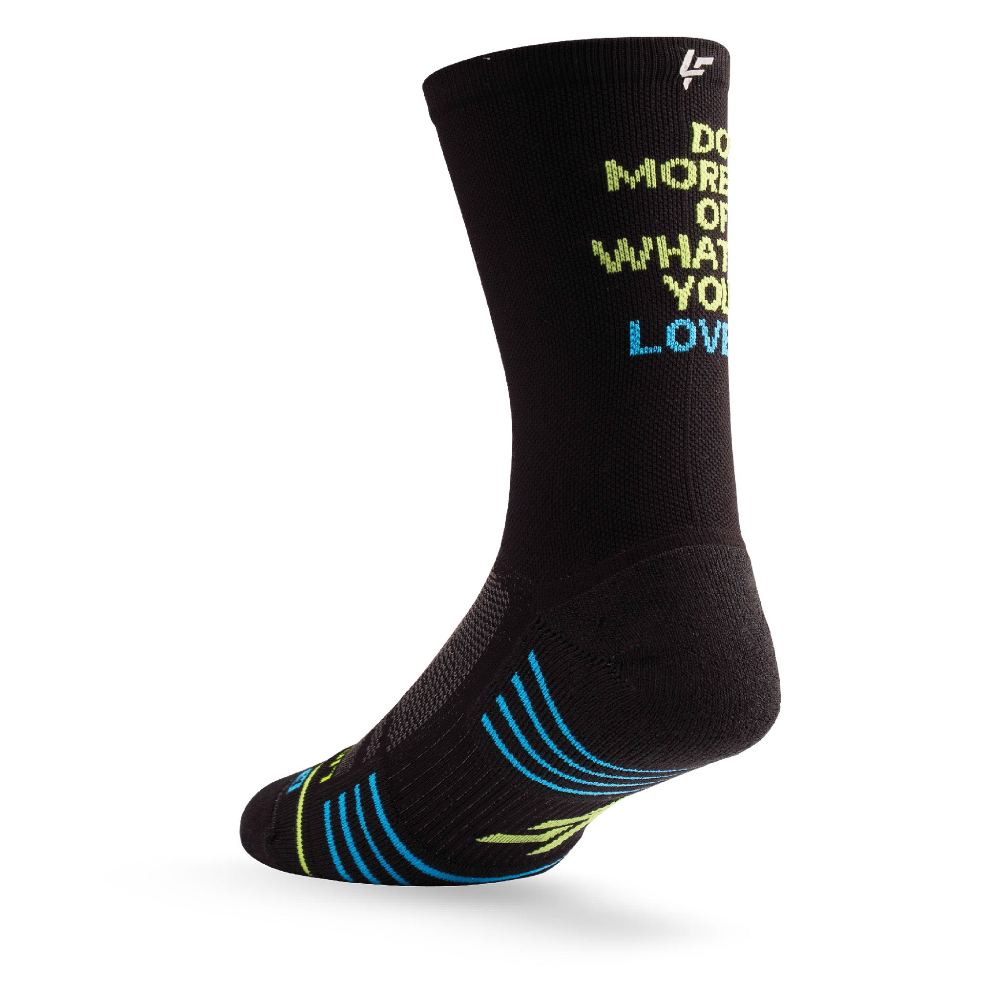 Heel view of Lightfeet Performance Do More Of What You Love Black Yellow Aqua Crew Socks