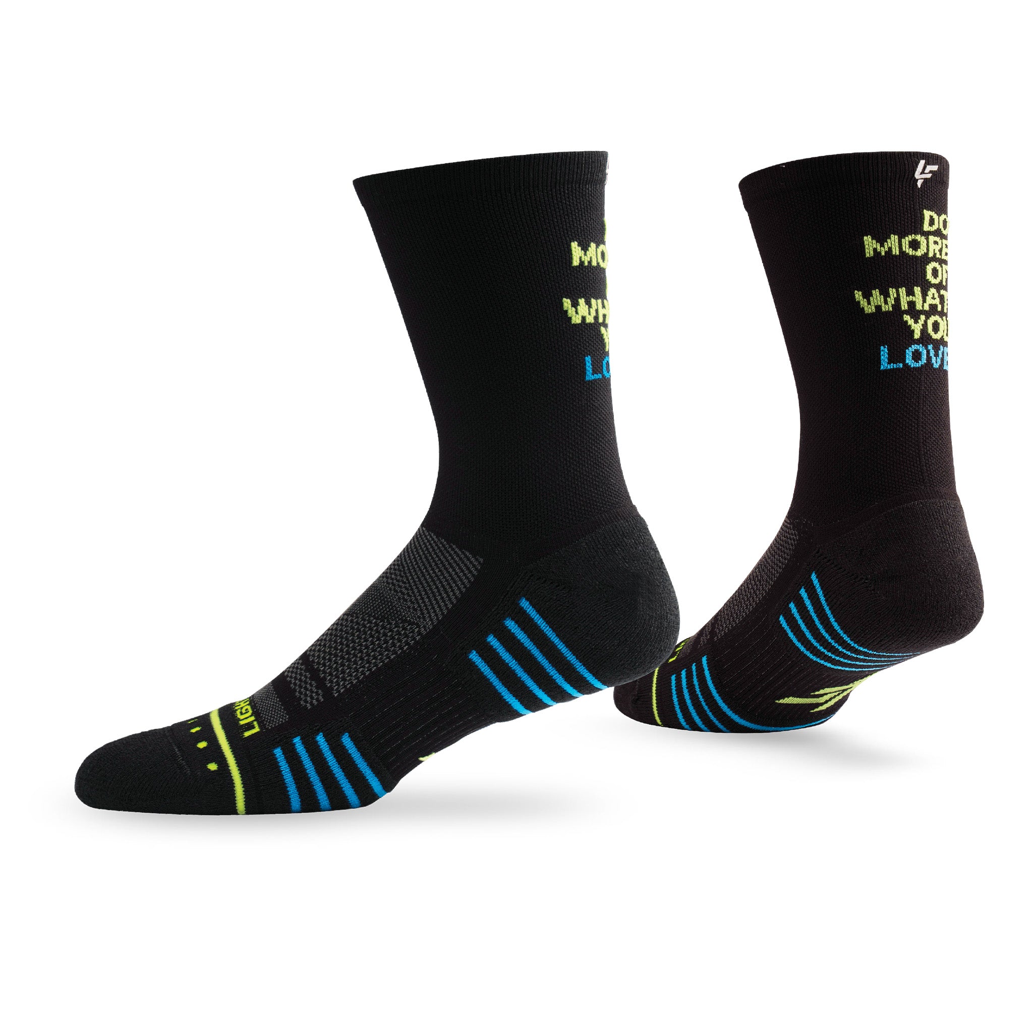 Pair of Lightfeet Performance Do More Of What You Love Black Yellow Aqua Crew Socks