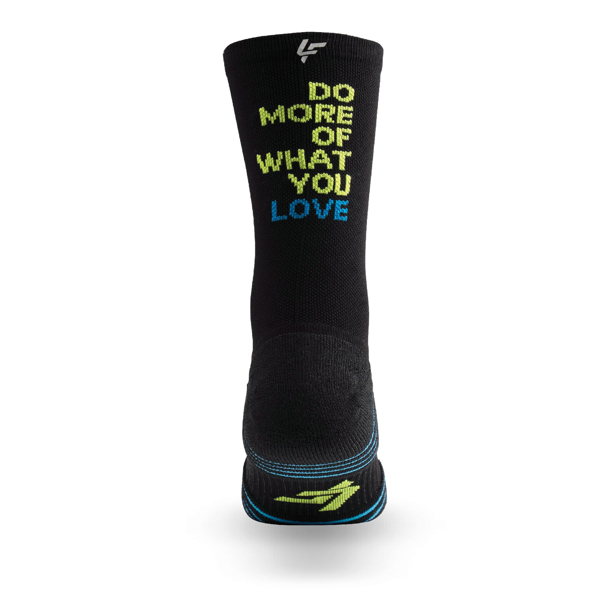 Heel view of Lightfeet Performance Do More Of What You Love Black Yellow Aqua Crew Socks