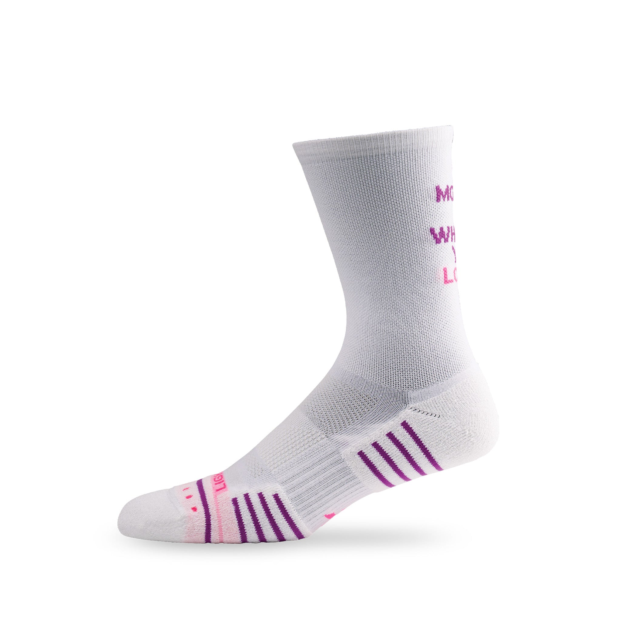 Side view of Lightfeet Performance Do More Of What You Love White Purple Pink Crew Socks
