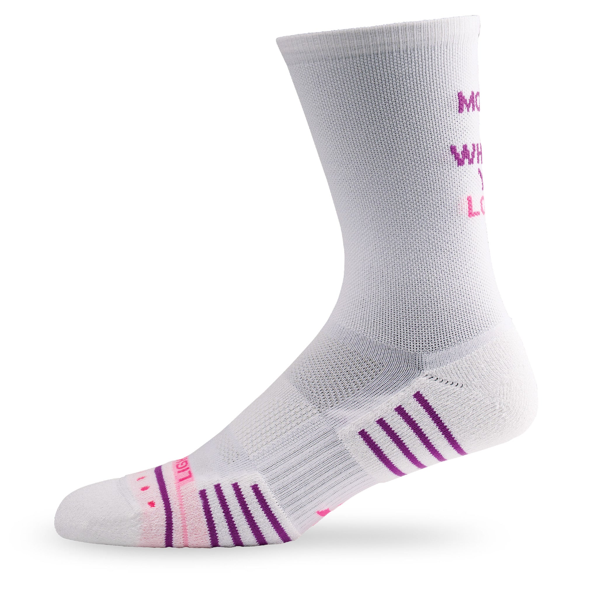 Side view of Lightfeet Performance Do More Of What You Love White Purple Pink Crew Socks